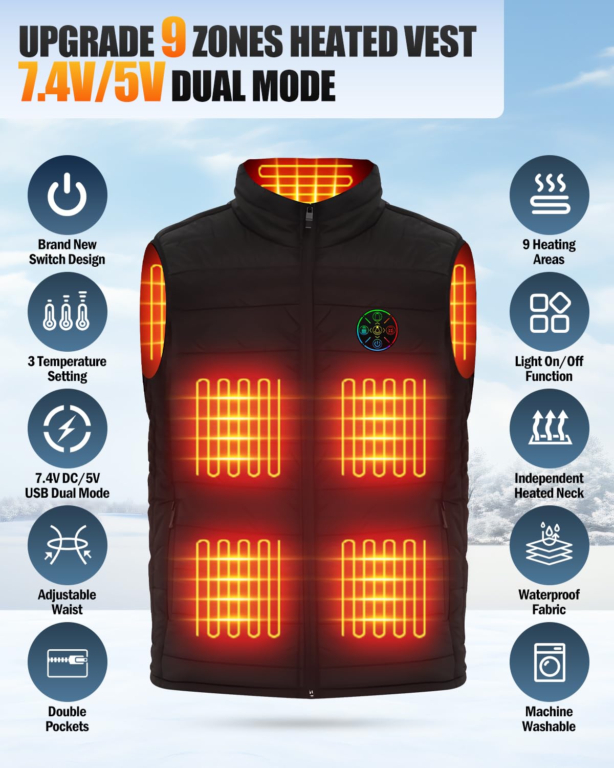 Gilet riscaldato per uomo e donna, Power Bank, 9 zone di riscaldamento e 3 livelli di temperatura regolabili, lavabile, senza maniche, con colletto alla coreana e borsa per la biancheria, per sport