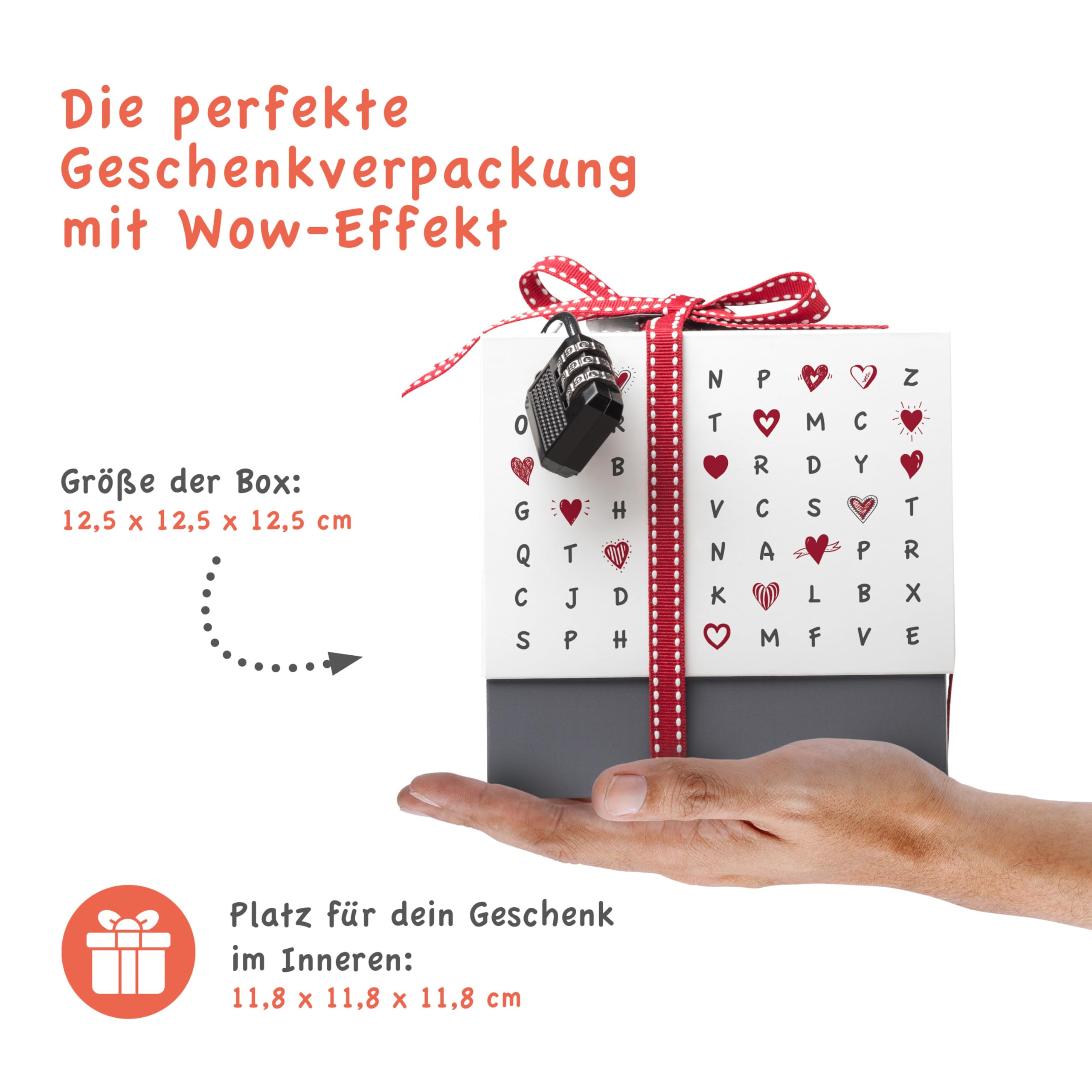 SURPRISA Geschenkboxen Set, 3er Pack Rätselboxen für Geldgeschenke & Gutscheine, Valentinstag, Jahrestag & Hochzeit, Briefmarkenrätsel, Herzrätsel & Liebesrätsel, Größe S (12cm)