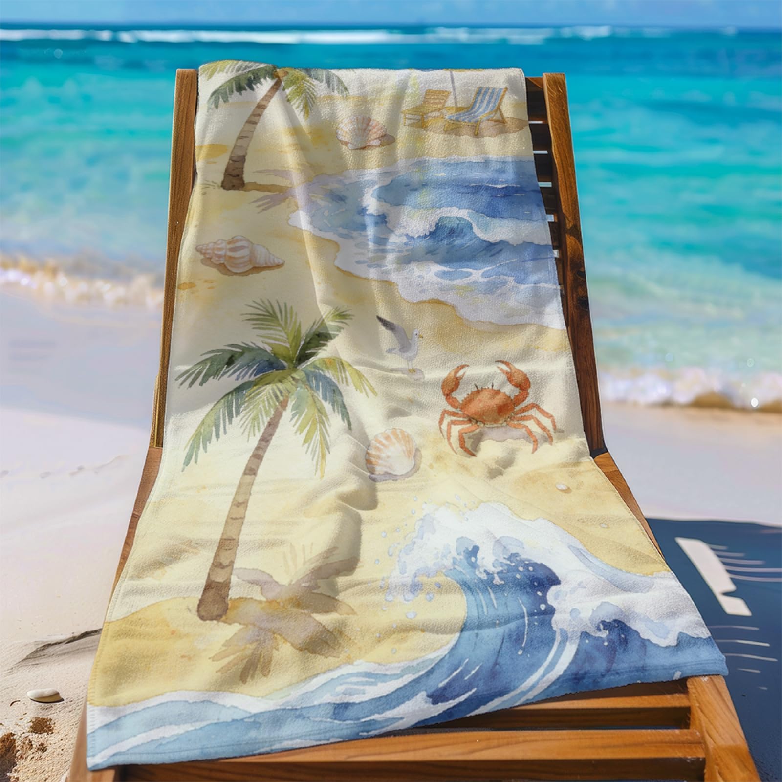 Fouta PlageMer Bleue Plage Jaune Crabe Modèle Surdimensionné avec Diverses Tailles, Respirante et Portable, Parfaite pour Voyages Sorties Piscine et Usage Extérieur Quotidien 90x160 cm