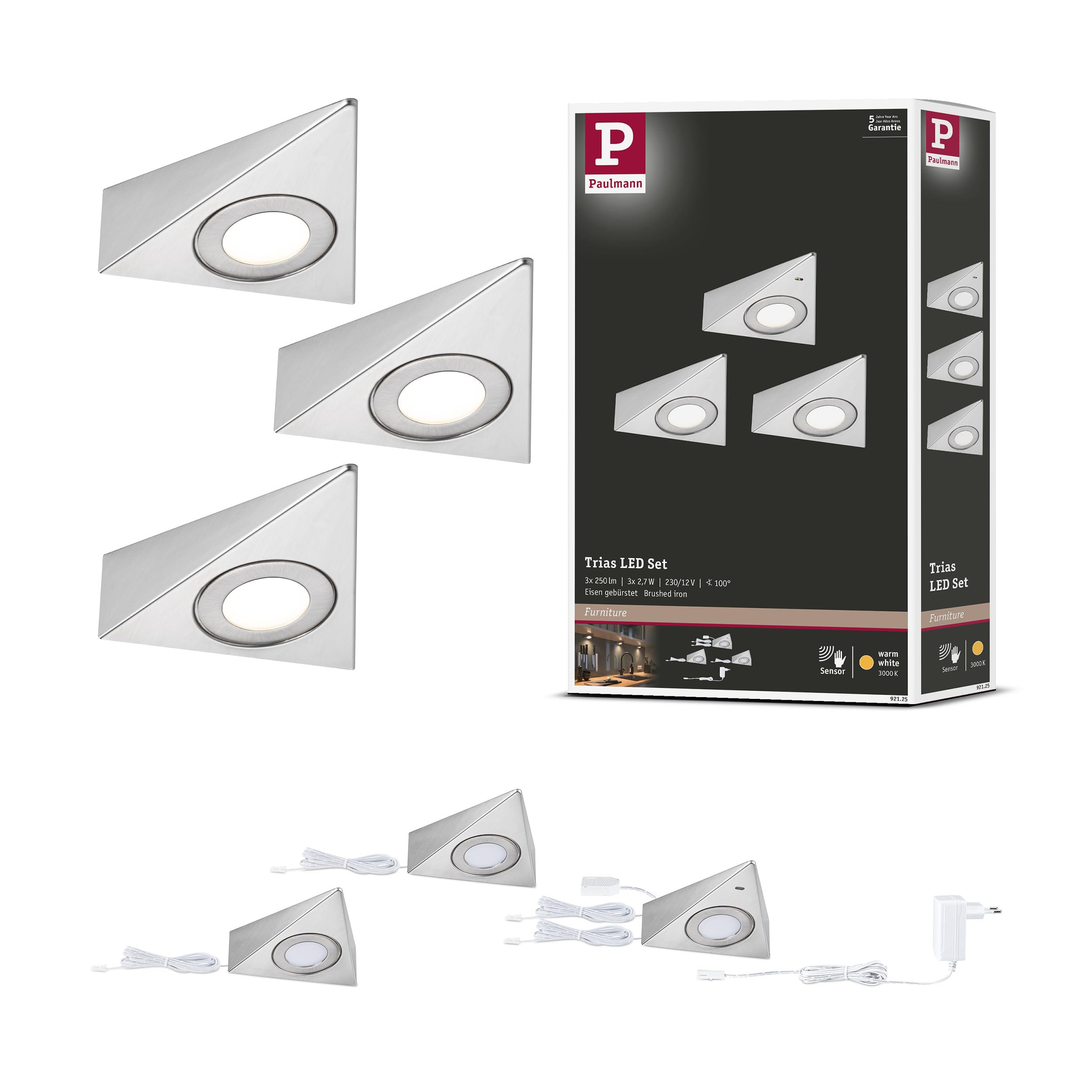 Paulmann 92125 LED sous-meubles Trias avec capteur de proximité kit de 3 3000 K 2,7W 135x132 mm 185lm Acier brossé luminaire en saillie pour meuble
