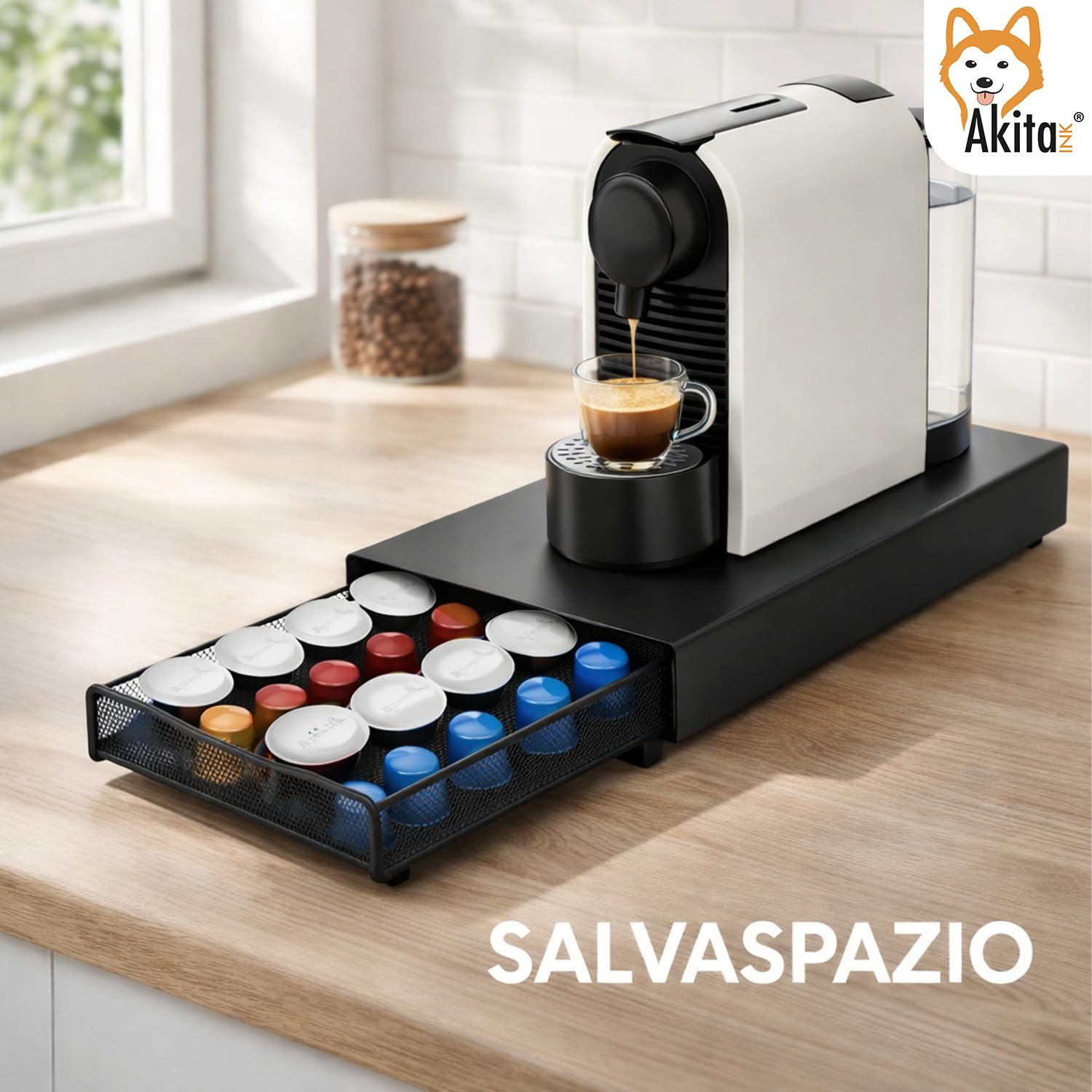 AKITAInk Portacapsule Caffè in Metallo con Cassetto, Organizer 40 Capsule Salvaspazio, Supporto Macchina Caffè, 37,5x17,5x4,5 cm, Nero