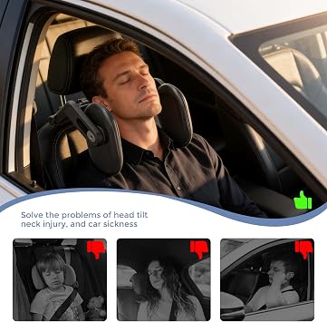 Adjustable Car Headrest Pillow with Two Hooks | Head Neck Support Only Suitable for Car Seat Headrest with Poles, U-Shaped Travel Sleeping Pillow for Kids & Adults, Black