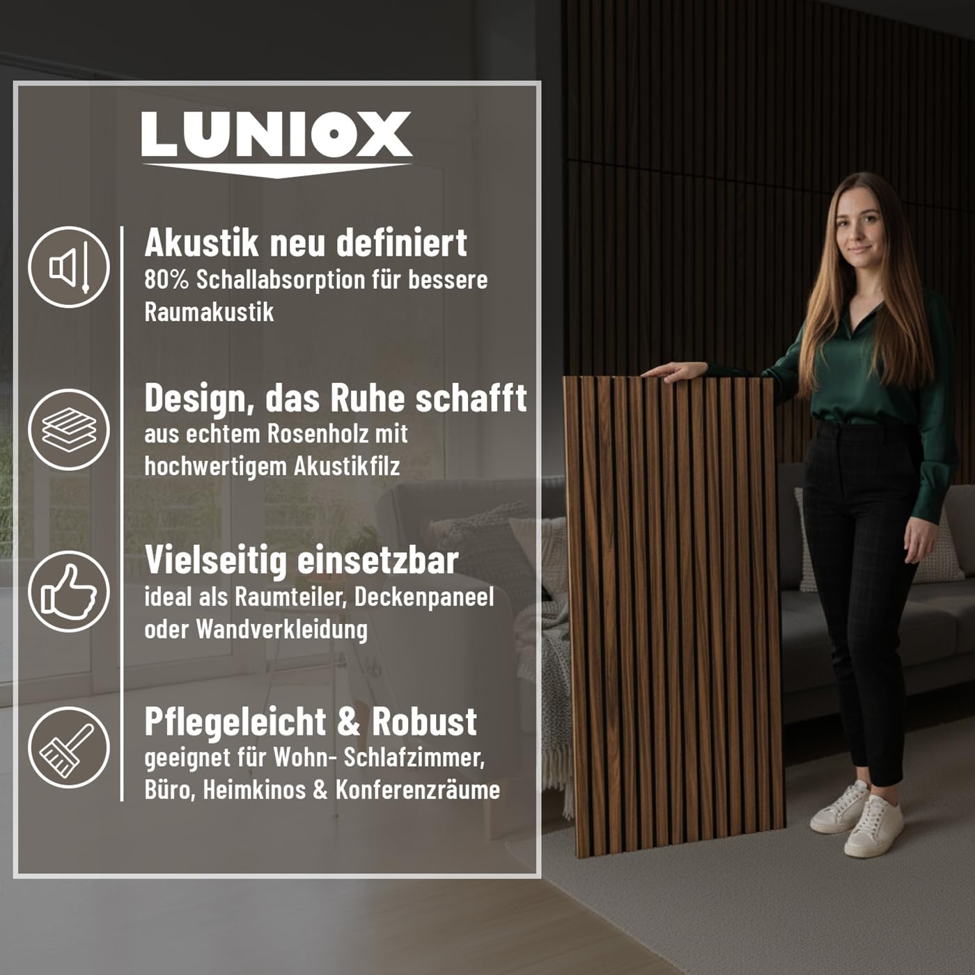 4X Akustikpaneele Rosenholz 119x59,5x2,1cm, Wandpaneele, Schallabsorber, Wandverkleidung, Schallschutz