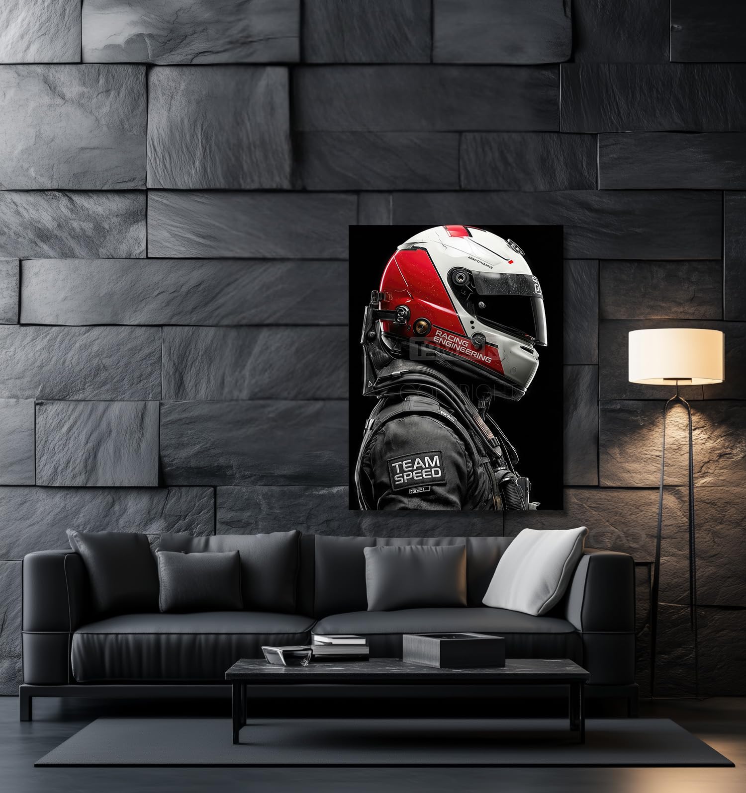 Tomaok® - Póster con impresión de cartel (marco no incluido), diseño de piloto de carreras de estilo futurista intenso, casco de carreras y espíritu circuito, decoración de fotos automotriz