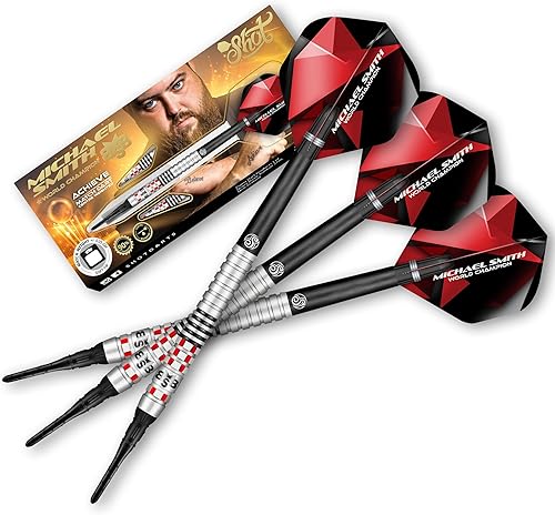 Shot! Michael Smith Achieve (0.63 oz0.71 oz), 90% barril de tungsteno, peso central, juego de dardos profesionales hechos a mano y vuelos hechos en