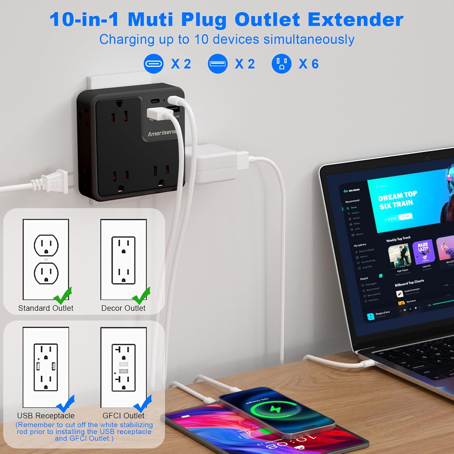 Multi Plug Outlet Extender with USB, Amerisense 900J Wall Charger with 6 AC Outlets & 4 USB Ports (2 Type-C & 2 Type A Ports), Surge Protector Multiple Outlets for Home, Kitchen, Office, Black