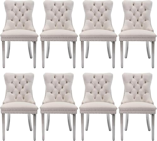 Miniatura 10 de Juego de 6 Sillas de Comedor Tapizadas en Terciopelo, Sillas Laterales de Cocina de Estilo Moderno con Ribete de Tachuelas y Patas de Madera, Anillo