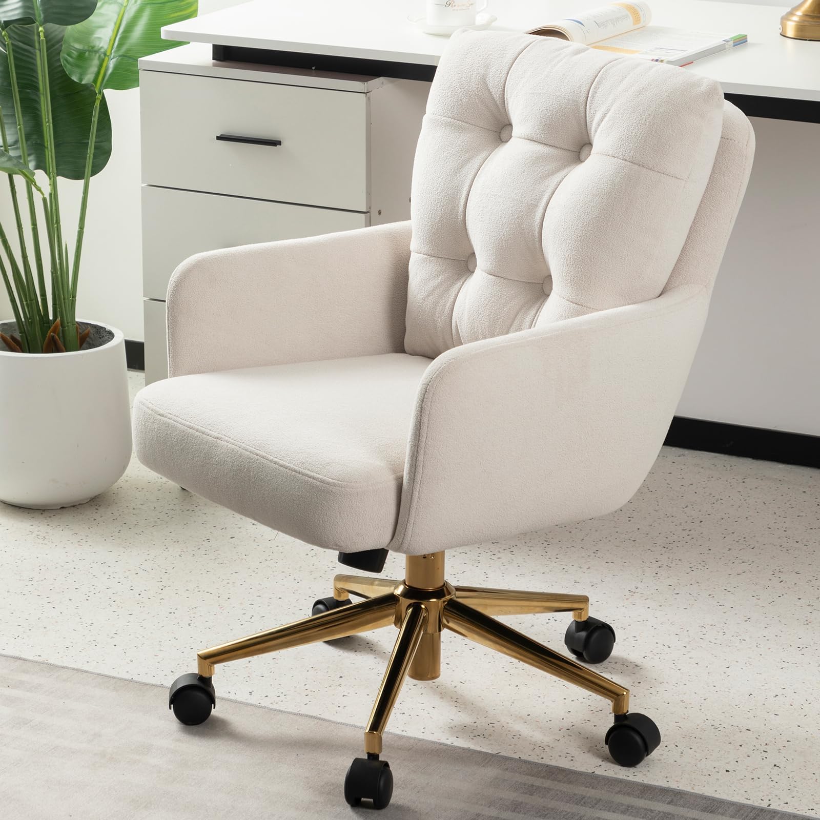 Silla Terciopelo, 360° Silla Giratoria con Respaldo y Reposabrazos, Sillas Escritorio Beige