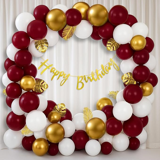 Party Propz Happy Birthday Decoration Kit – 53 Pcs Happy Birthday Banner with Arch Roll, Glue Dots, Golden Balloons, White Balloons, Burgundy Balloons for Decoration(Cardstock)