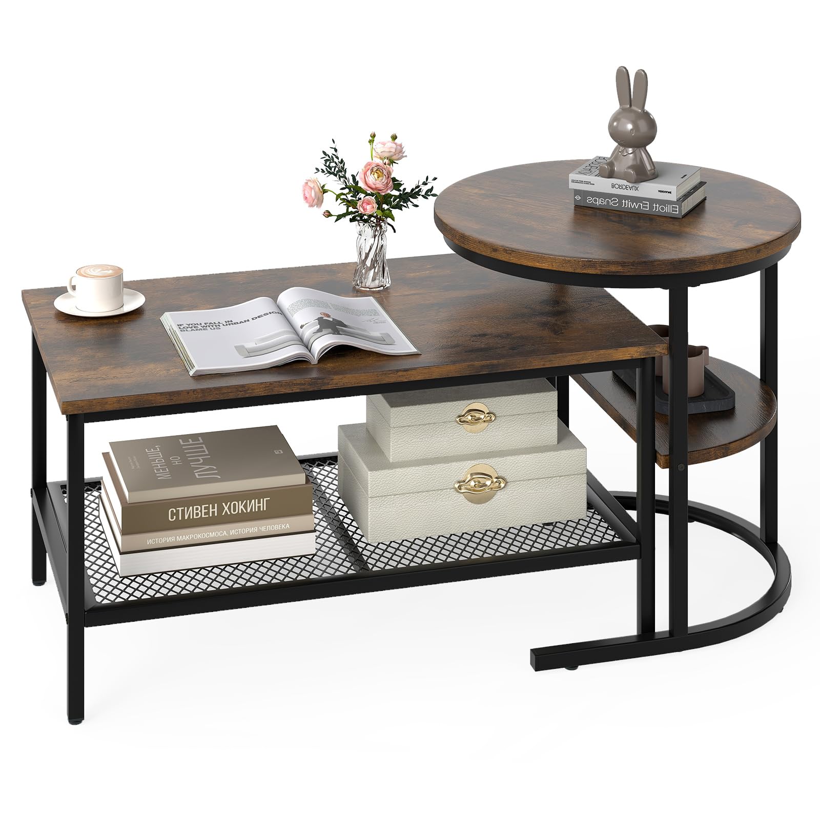 COSTWAY Nesting Coffee Tables Set of 2, Faux Marble Stacking Sofa Side End Table with Storage Shelf, 2-Tier Metal Frame Accent Center Tea Tables for Living Room Bedroom Office (Black+Rustic Brown)