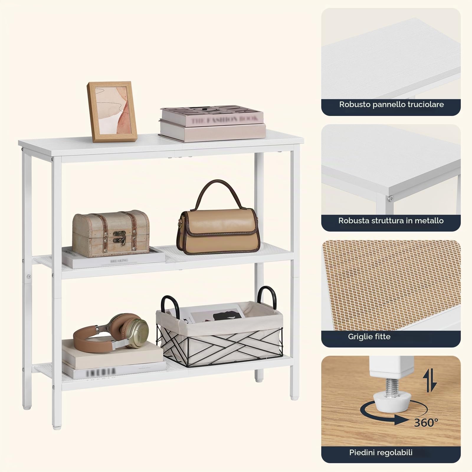 HOOBRO Tavolo Console, Tavodo da Ingresso, con 2 Ripiani di Rete Metallica, Tavolo da Divano, Stile Industriale, Corridoio, Entrata, Soggiorno, Bianco EWW73XG01