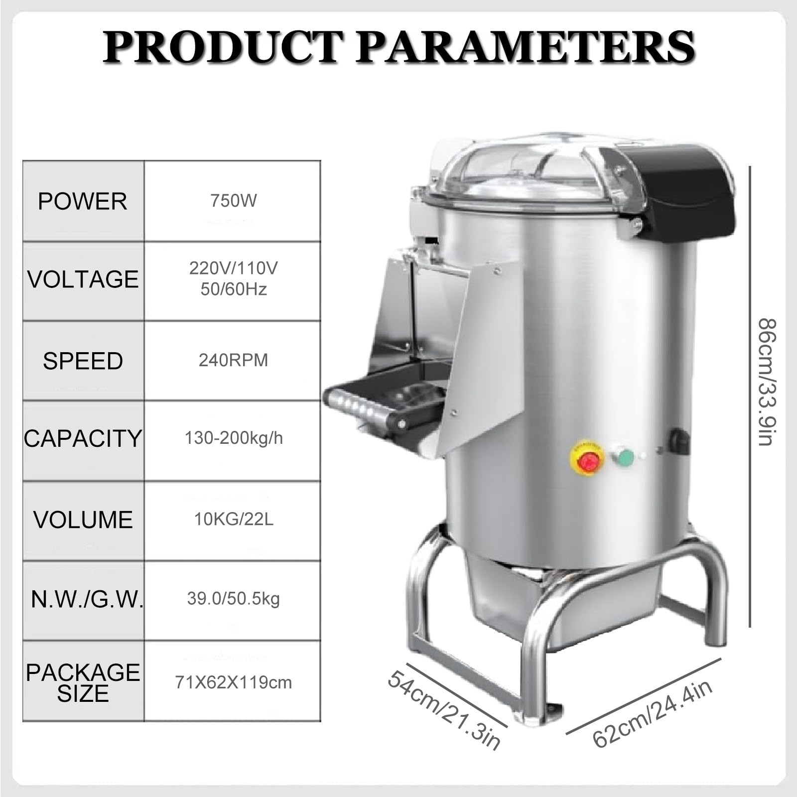 Pelador automático de patatas 750 W, alta eficiencia 130-200 kg/hora para frutas y verduras de cocina, 110 V