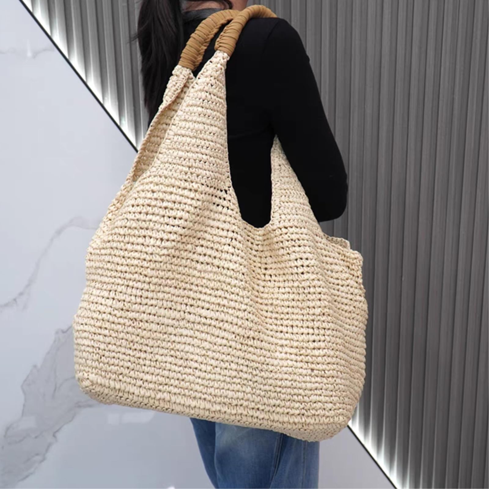 Bolso Hombro Paja Negro Mano De Ganchillo Gran Capacidad Verano Playa Vacaciones Comprador-Black