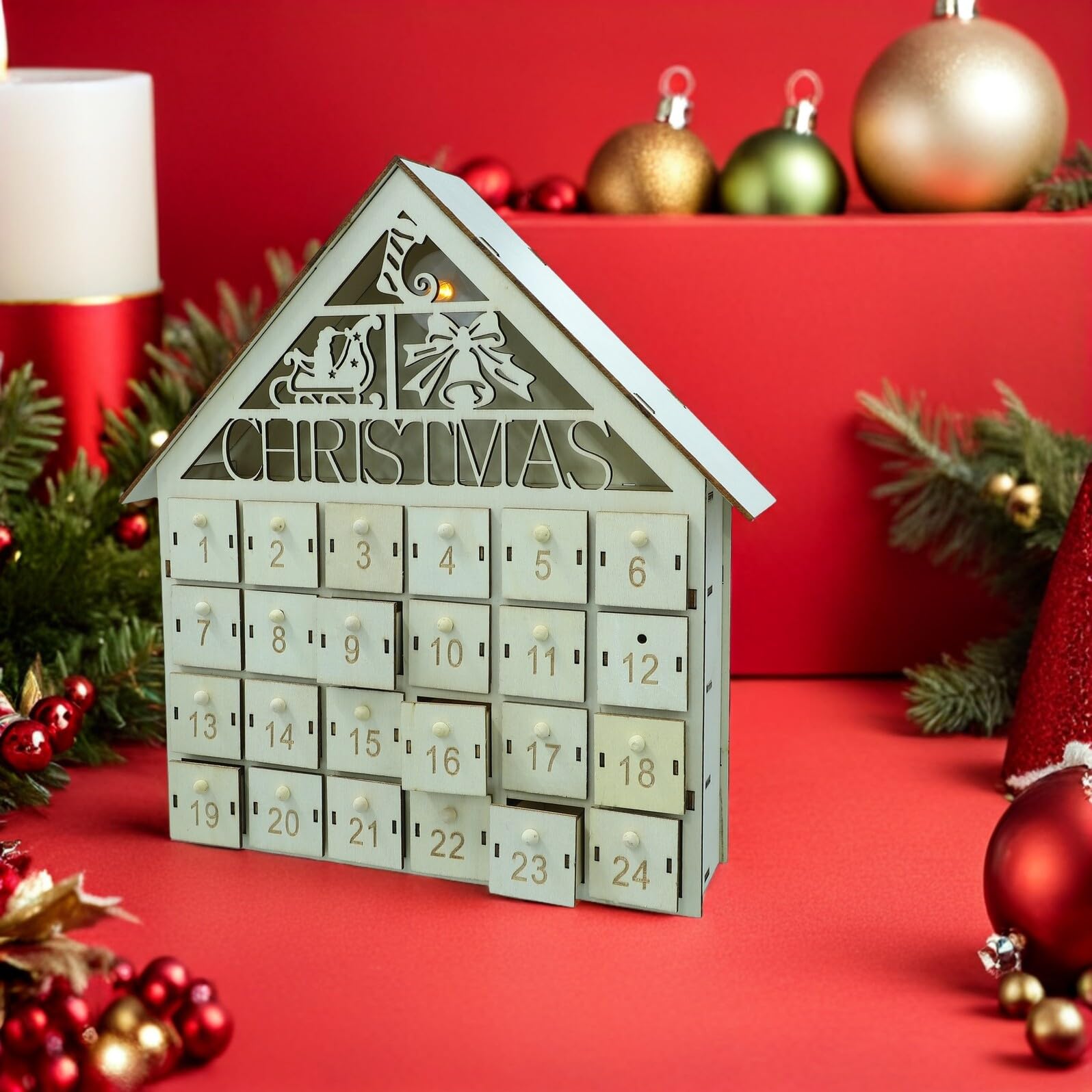 Calendario de Adviento de Madera 24 Días con Luz LED Cálida Decoración Navideña Rústica para Repisa y Mesa Cuenta Regresiva Navideña 2025 Cajones Rellenables para DIY