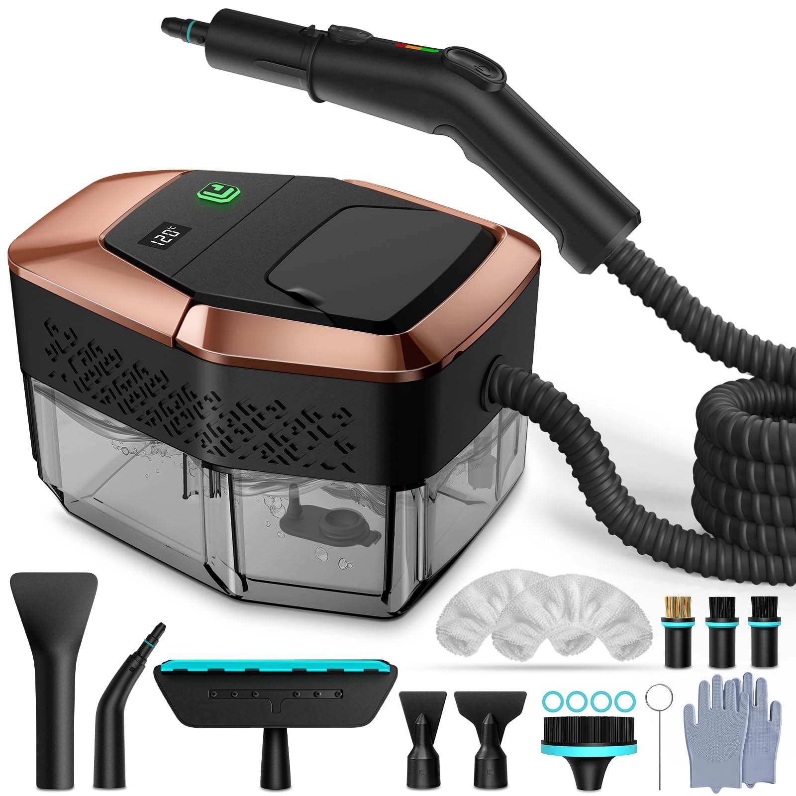 14 en 1 Nettoyeur Vapeur, 3 Niveaux Poignée Réglable, Affichage Température, 15s en Chauffe,1,8L Réservoir, pour Cuisine, Salle de Bain, Voiture et Meubles (Noir et Or)
