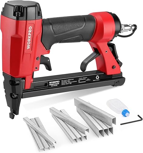 Miniatura 10 de WORKPRO Pistola de grapas neumática de calibre 20, grapadora de tapicería T50 con 1260 grapas de 1/4 a 5/8 pulgadas, escape trasero