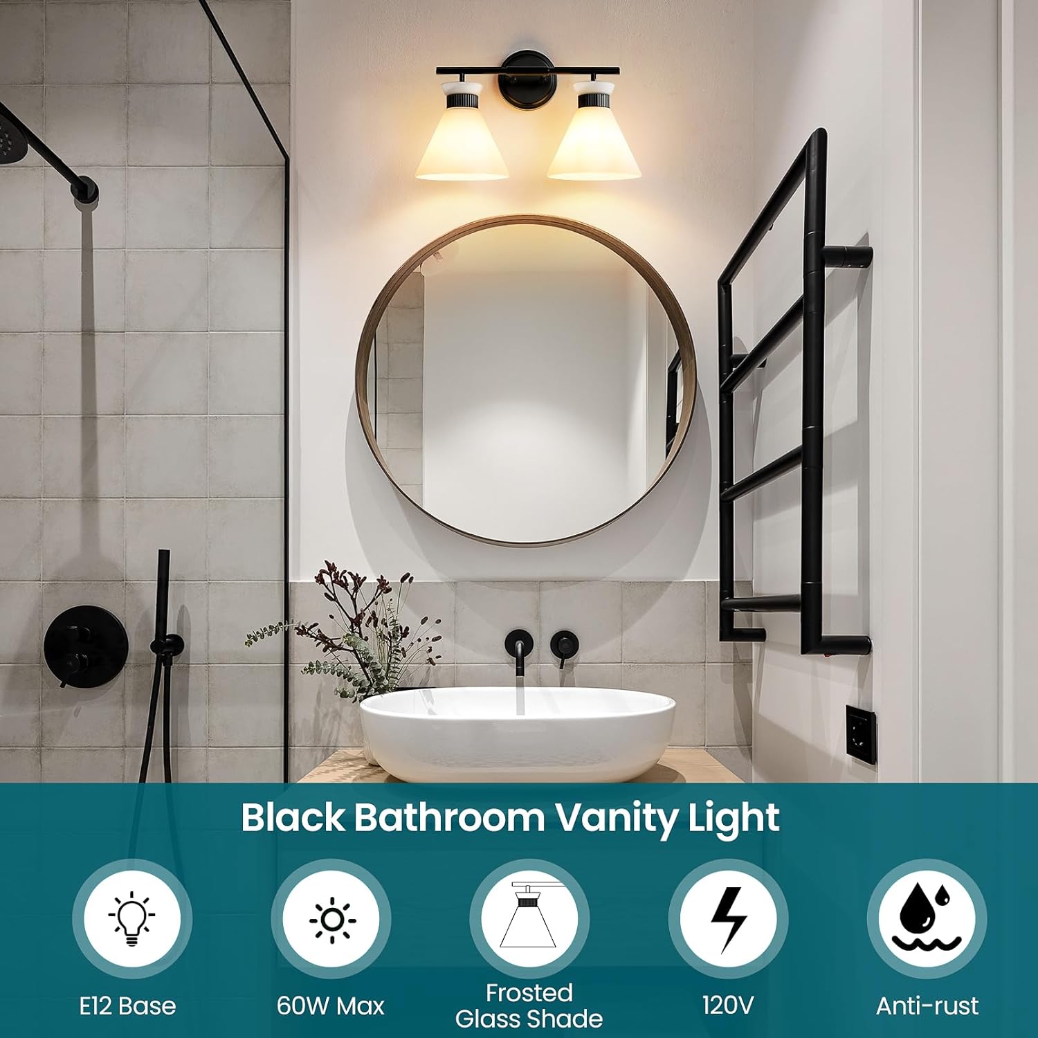 WOSHITU Black Bathroom Vanity Light Fixtures: Bathroom Lighting Fixtures Over Mirror 17.3 inch with Milky White Frosted Glass, 2-Lights Mid Century Modern Vanity Lighting Wall Light(Exclude Bulb)