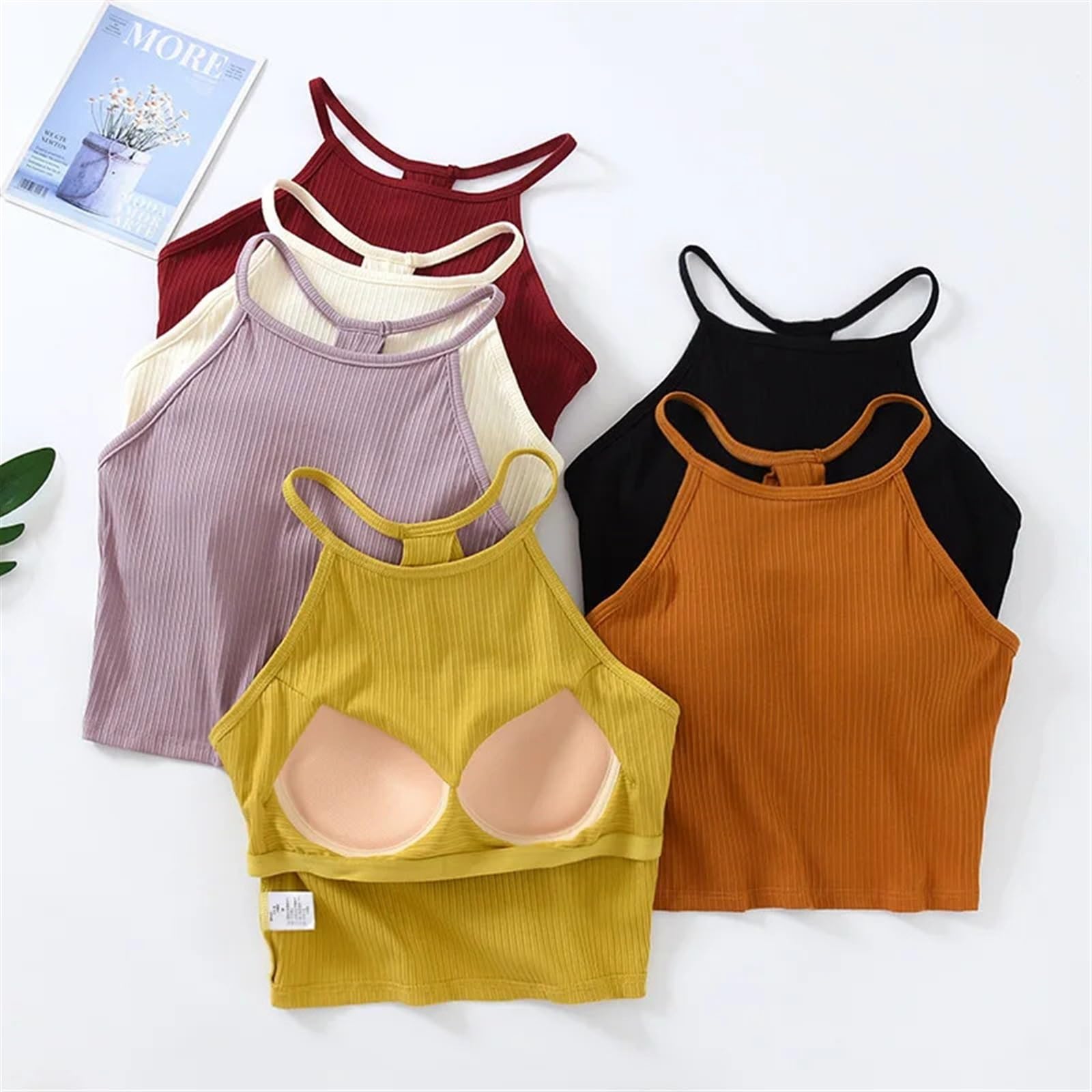 Camisola de Tirantes sin Espalda Acanalada for Mujer: Top Corto Sexy sin Mangas con Cuello Halter, Top de Tubo de algodón y Elastano Liso(Black,S 35-47.5kg)