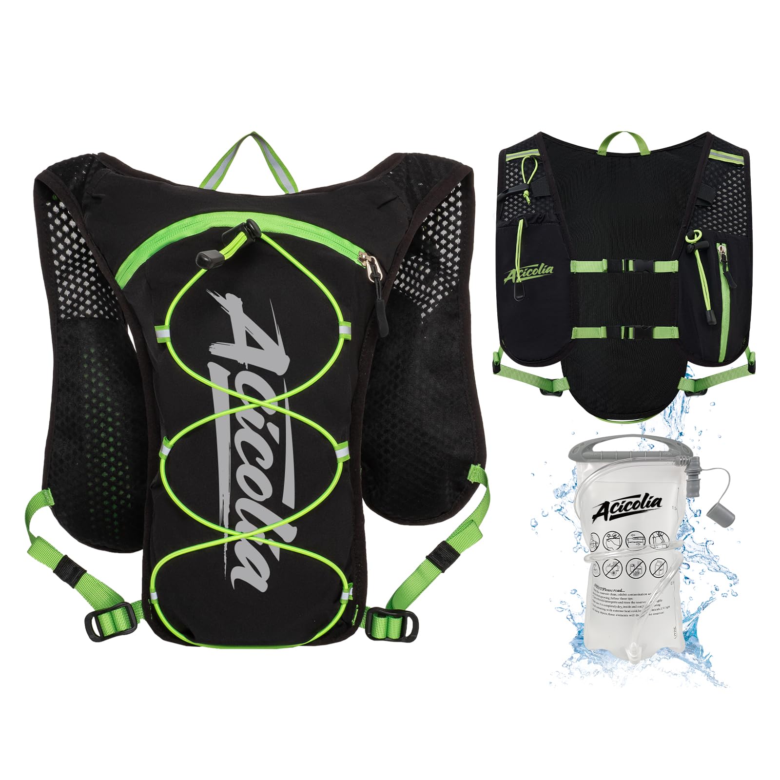 Acicolia Running Vest With 1500ml Water Bladder, Lightweight Reflective Hydration Vest Backpack for Marathons Trail Running Cycling Hiking (Black Green, One Size)