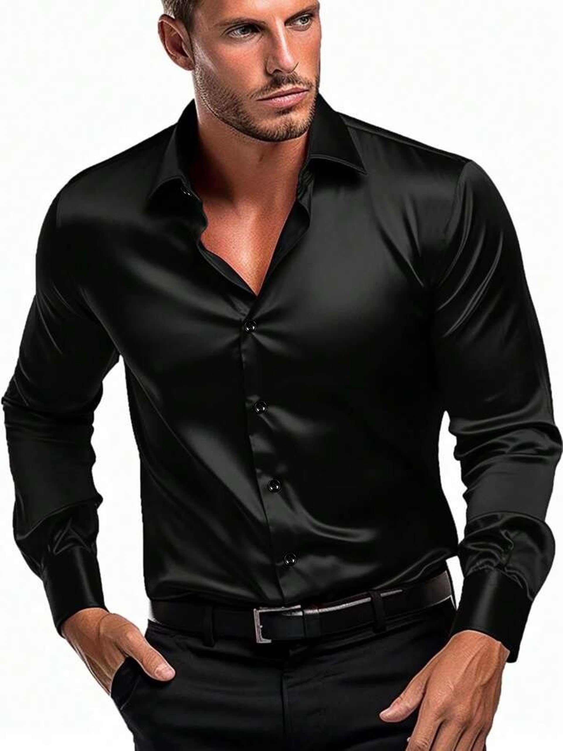 Men's Satin Plain Shirt with Spread Collared Neck Full Sleeves Curved Hem Length | Shirt for Man