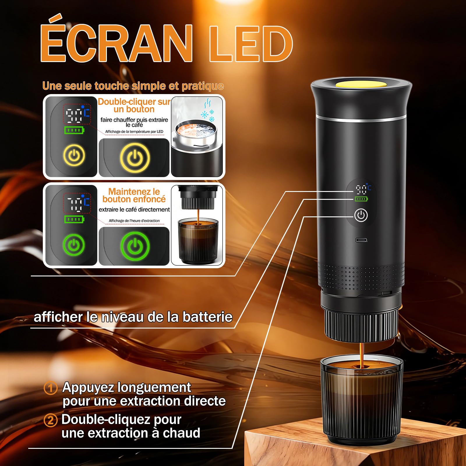 Máquina de café portátil de viaje, para acampar, oficina, casa, coche | 3 en 1 cafetera portátil calefacción rápida USB-C 20 bar hasta 18 g café molido cápsulas NS Gift-giving