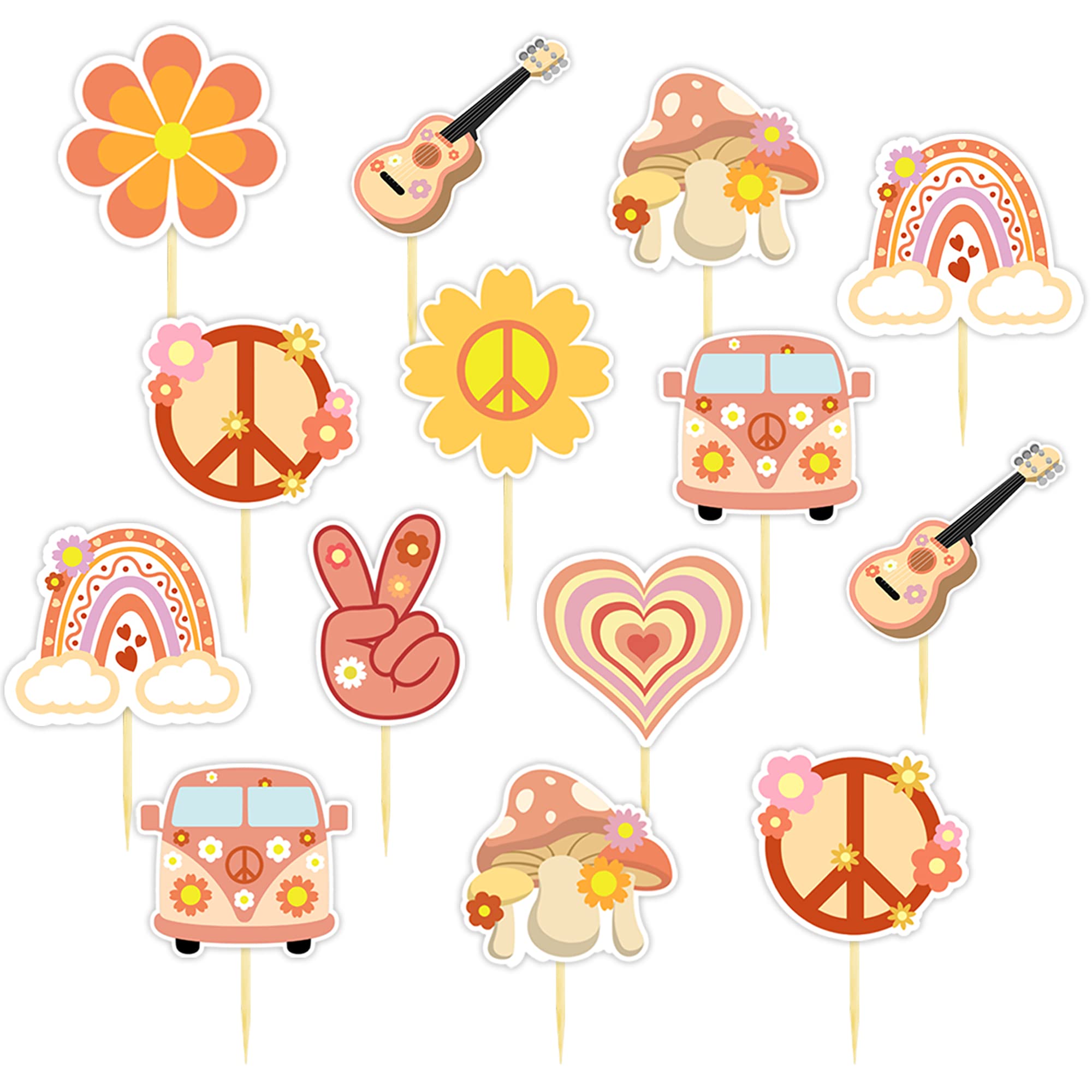 36 PCS Two Groovy Boho Cupcake Toppers Hippie Retro Party Decorations with Daisy Flower Bus Rainbow Peace Sign Picks for Girls 60s Theme Birthday Party Supplies