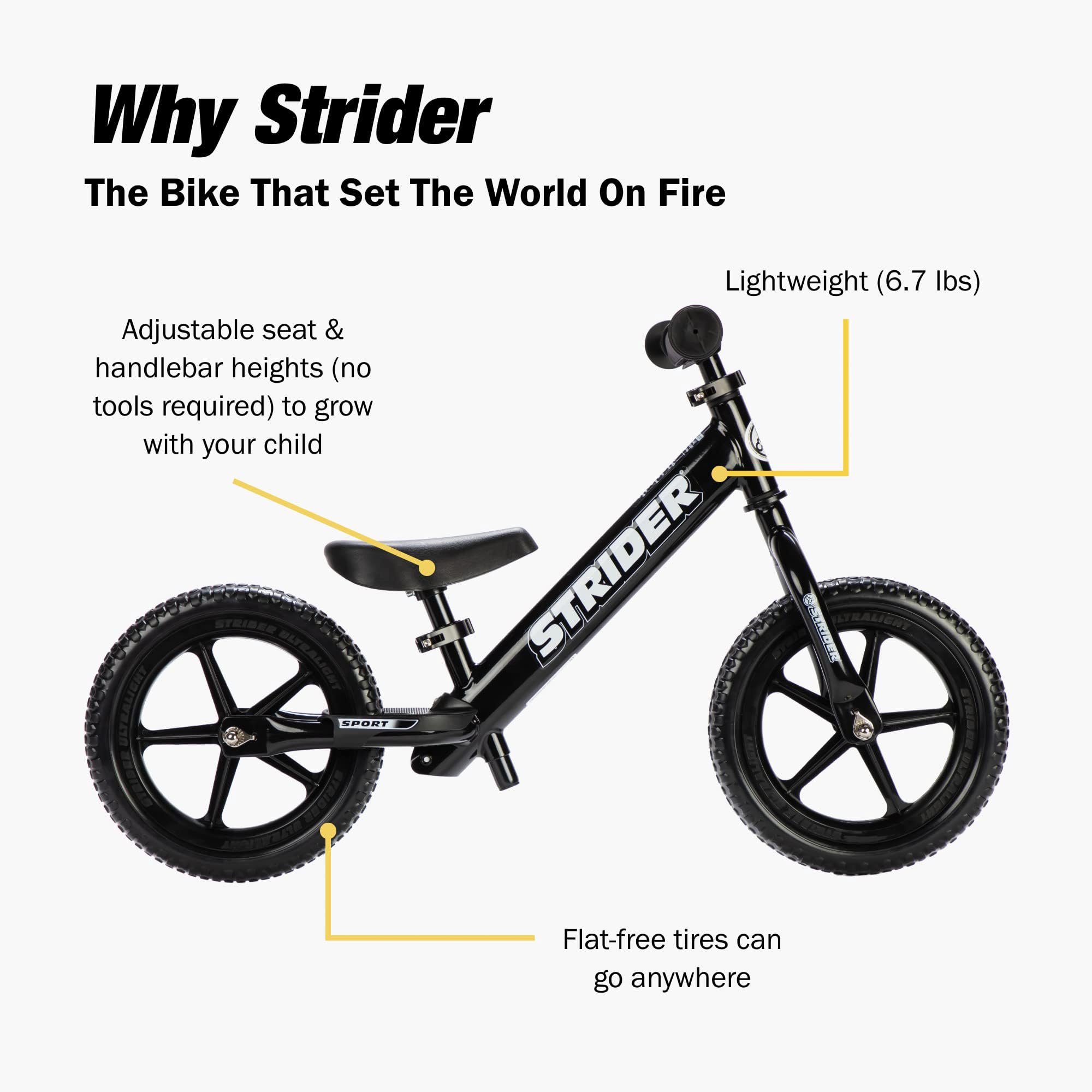 Strider 12 Sport No Pedal Balance Bike for Kids Ages 14 Years Black | No-Pedal Balance Bike for Toddlers Safety Pad Adjustable Seat and Handlebars Lightweight Frame Never-Flat Tires product thumbnail 6