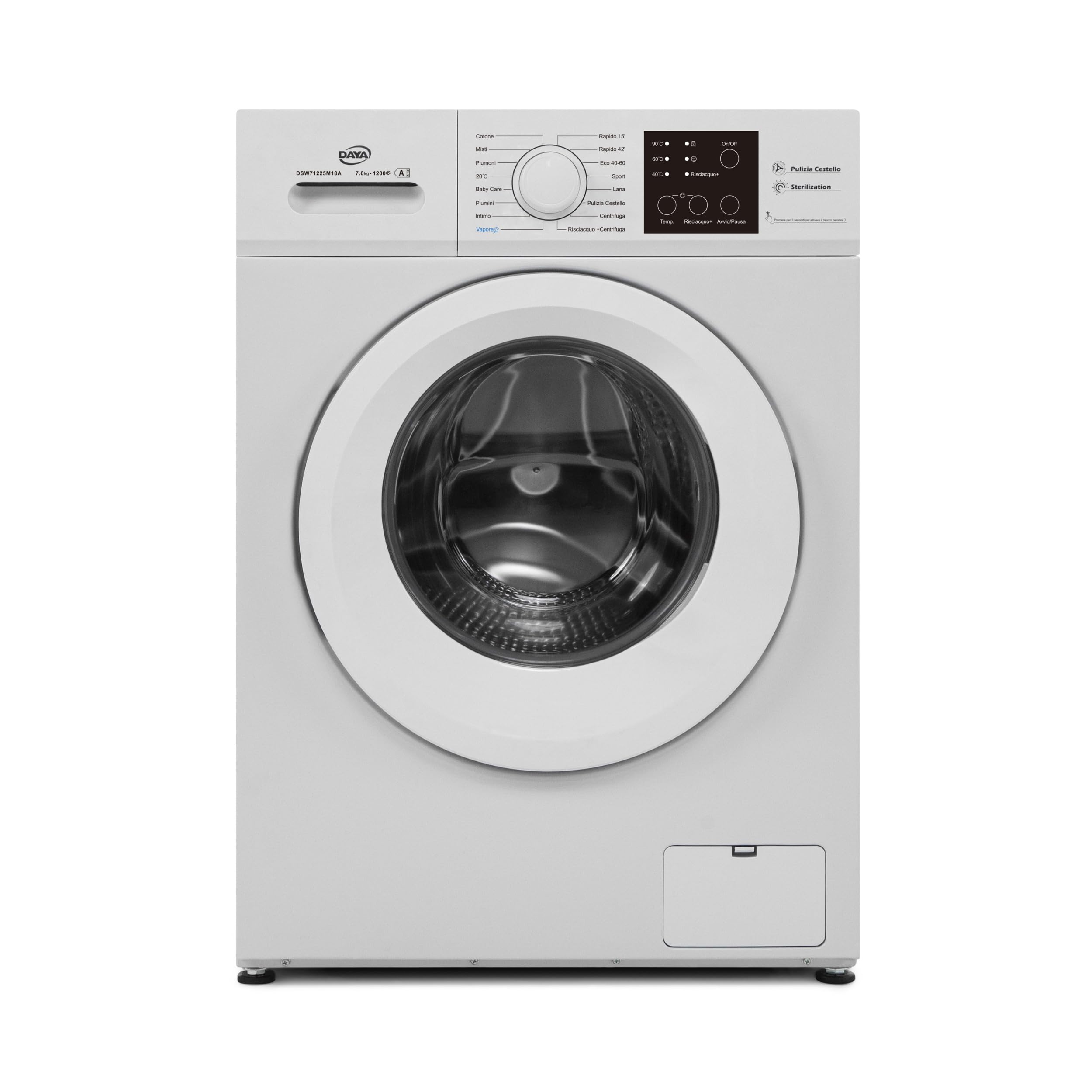 Daya DSW71225M18A1, lavatrice a carica frontale, classe A+, capacità 7KG, 16 programmi, 1200 giri/minuto, display LCD