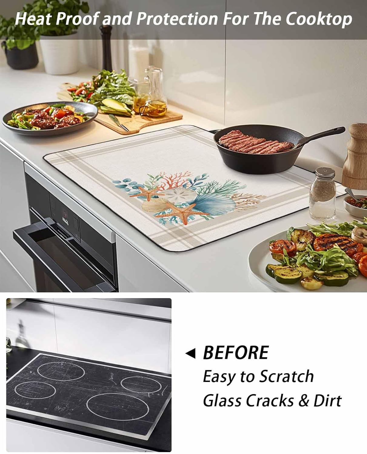 Stove Top Cover Coral Seagrass Stove Cover for Electric Stove Top Eucalyptus Starfish Shell Stripes Linen Glass Cooktop Covers Anti-Slip Mat Heat Resistant Countertop Protector Kitchen Decor 31"x24"