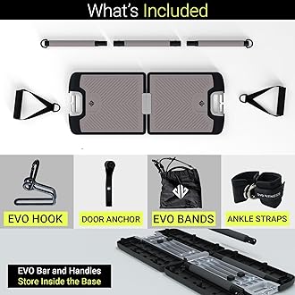 EVO Gym - Portable Home Gym Strength Training Equipment, at Home Gym | All in One Gym - Resistance Bands, Base Holds Gym Bar & Handles for Travel | Portable Gym & Home Exercise Equipment