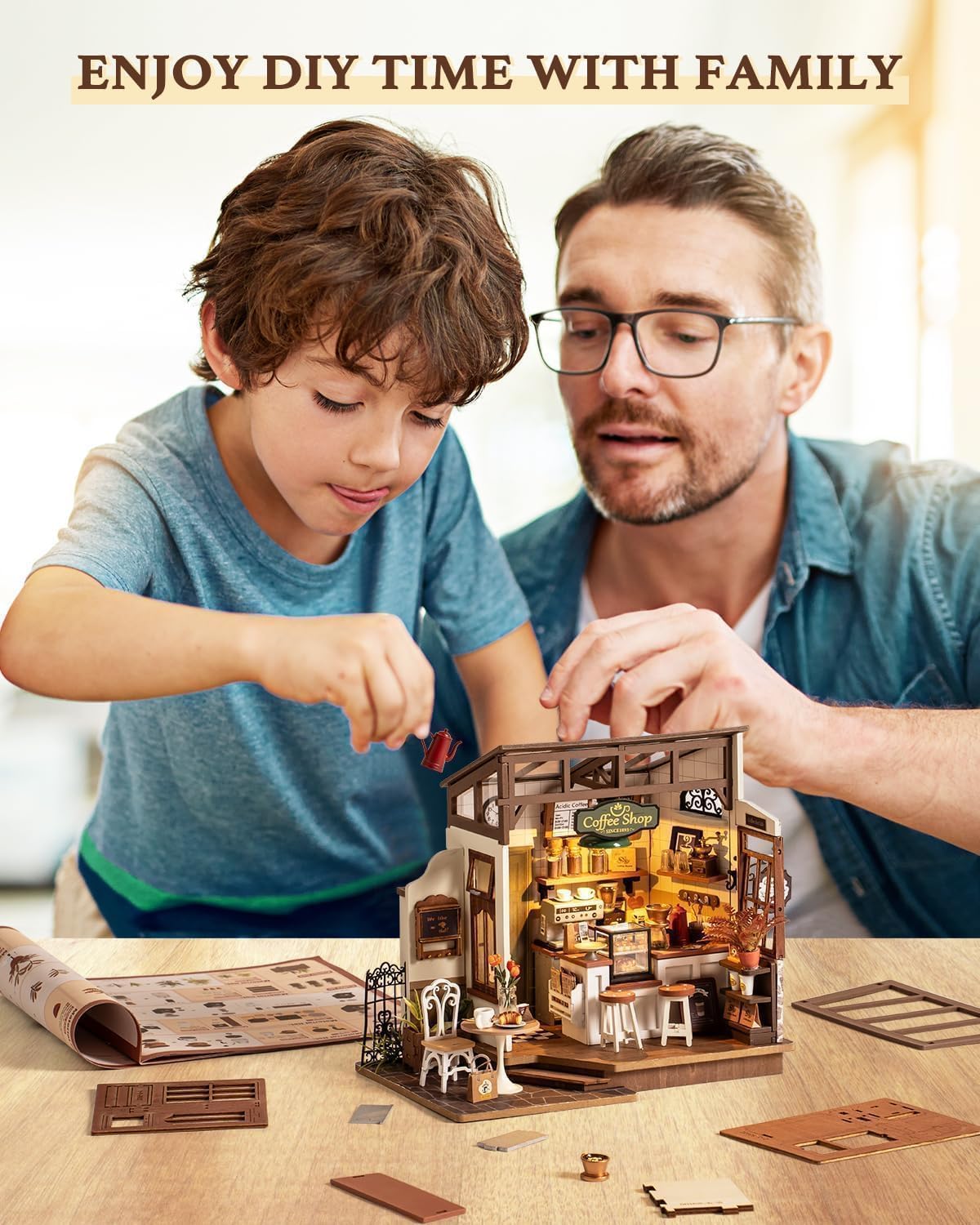 RoWood Miniaturowy zestaw do domku dla lalek do kawiarni, drewniany model DIY dla dorosłych i nastolatków