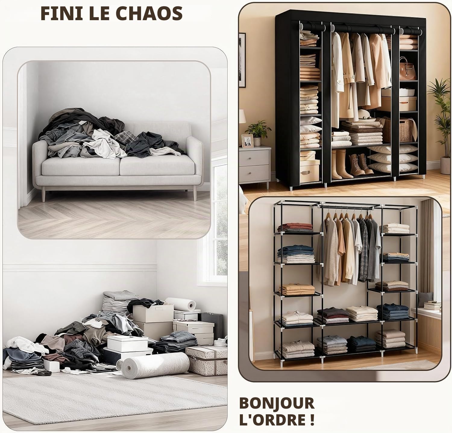 Armoire en Tissu 45 x 150 x 175 cm - Cadre en métal avec Housse Anti-poussière en Non-tissé - Tringle à vêtements - Noir - Système de Rangement pour Chambre à Coucher