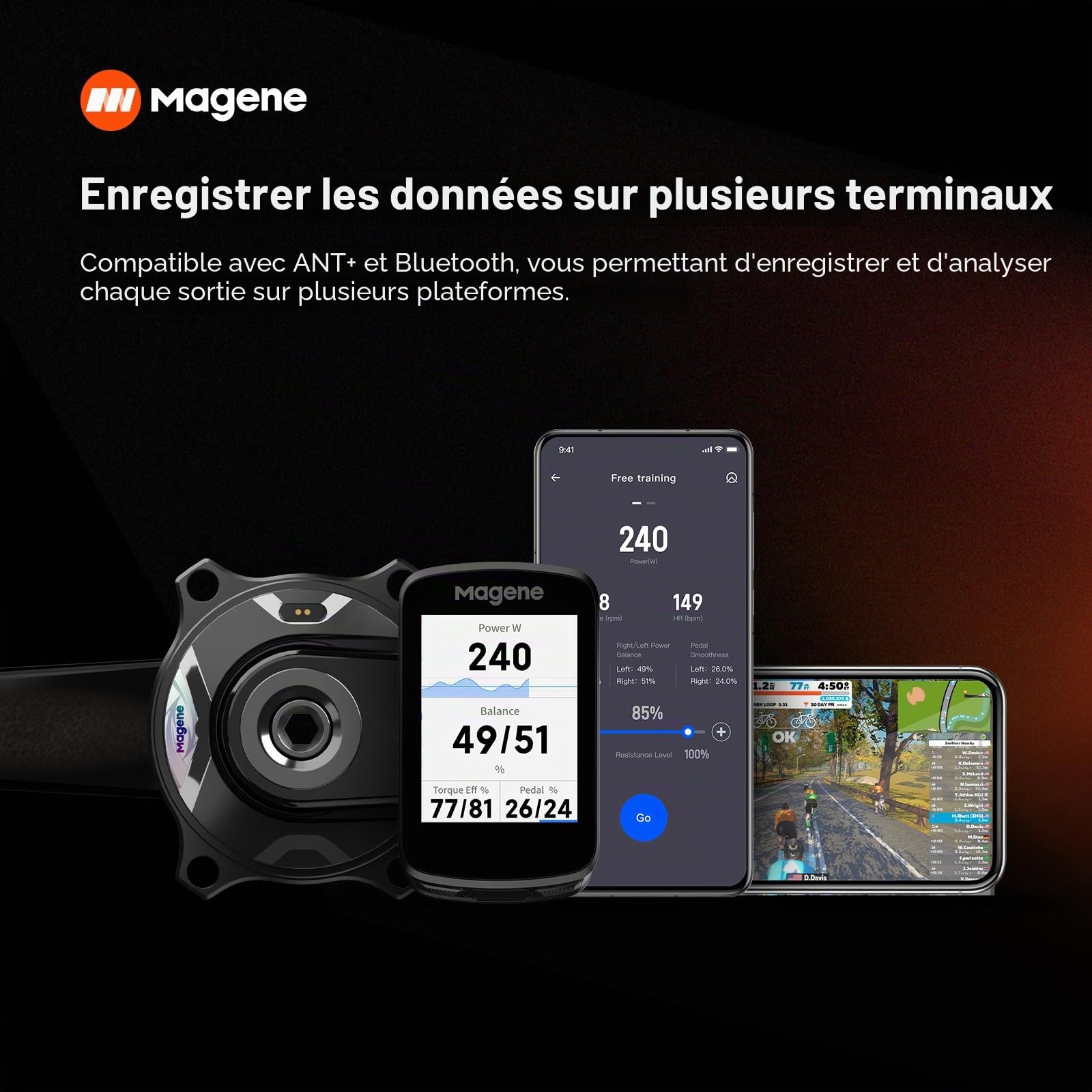 Magene TEO Pédalier P515 avec Capteur de Puissance, 4 Boulons, 110BCD, axe de 29 mm, Bluetooth Ant, Pédale de Cadence, équilibre, Pédalier en Carbone
