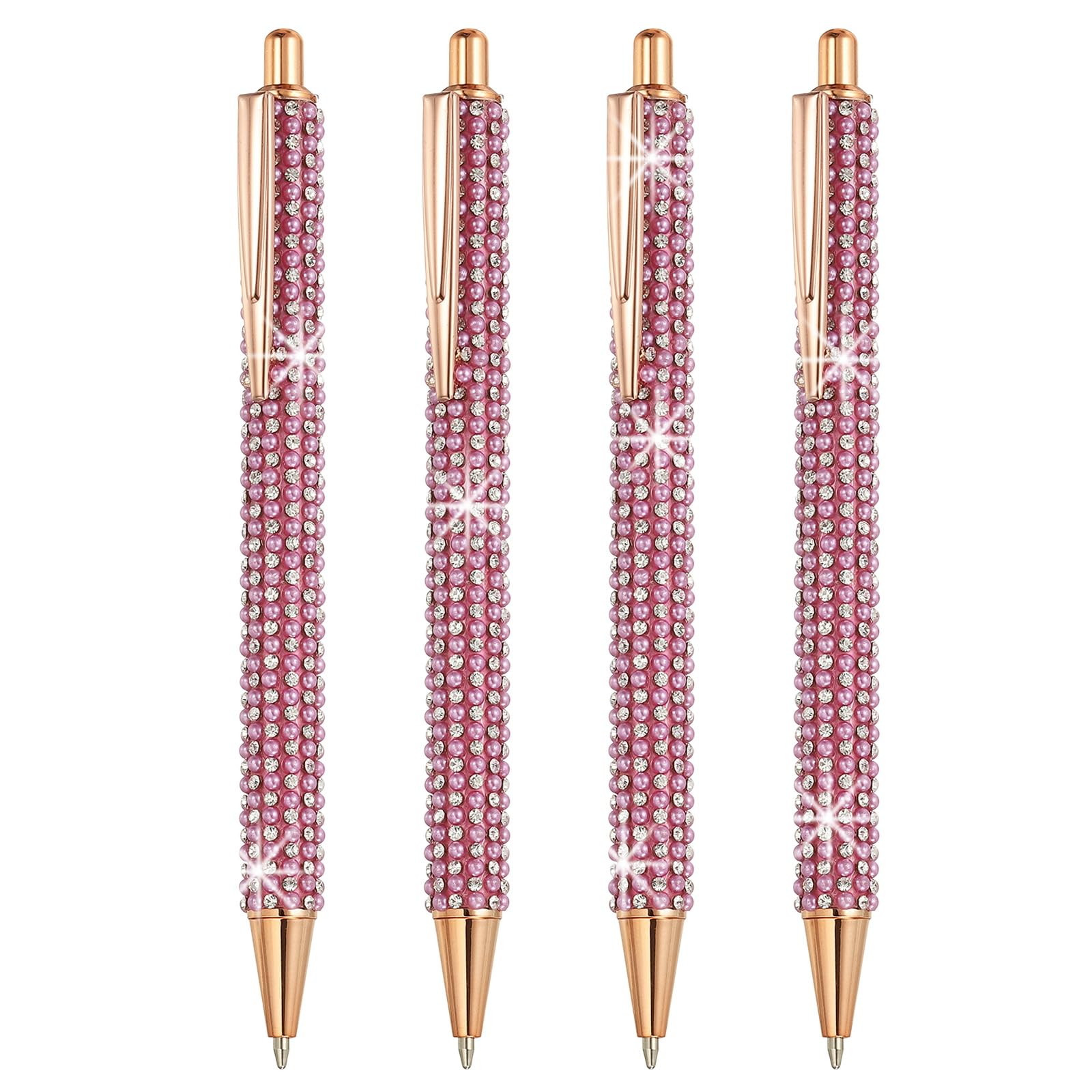 PATIKIL Rhinestone Metal Ballpoint Pen, 4 Pack Crystal Pearl Pens Black Ink 1.0mm Point Sparkly for Women Gift Office Note Taking Journaling, Light Rose Red