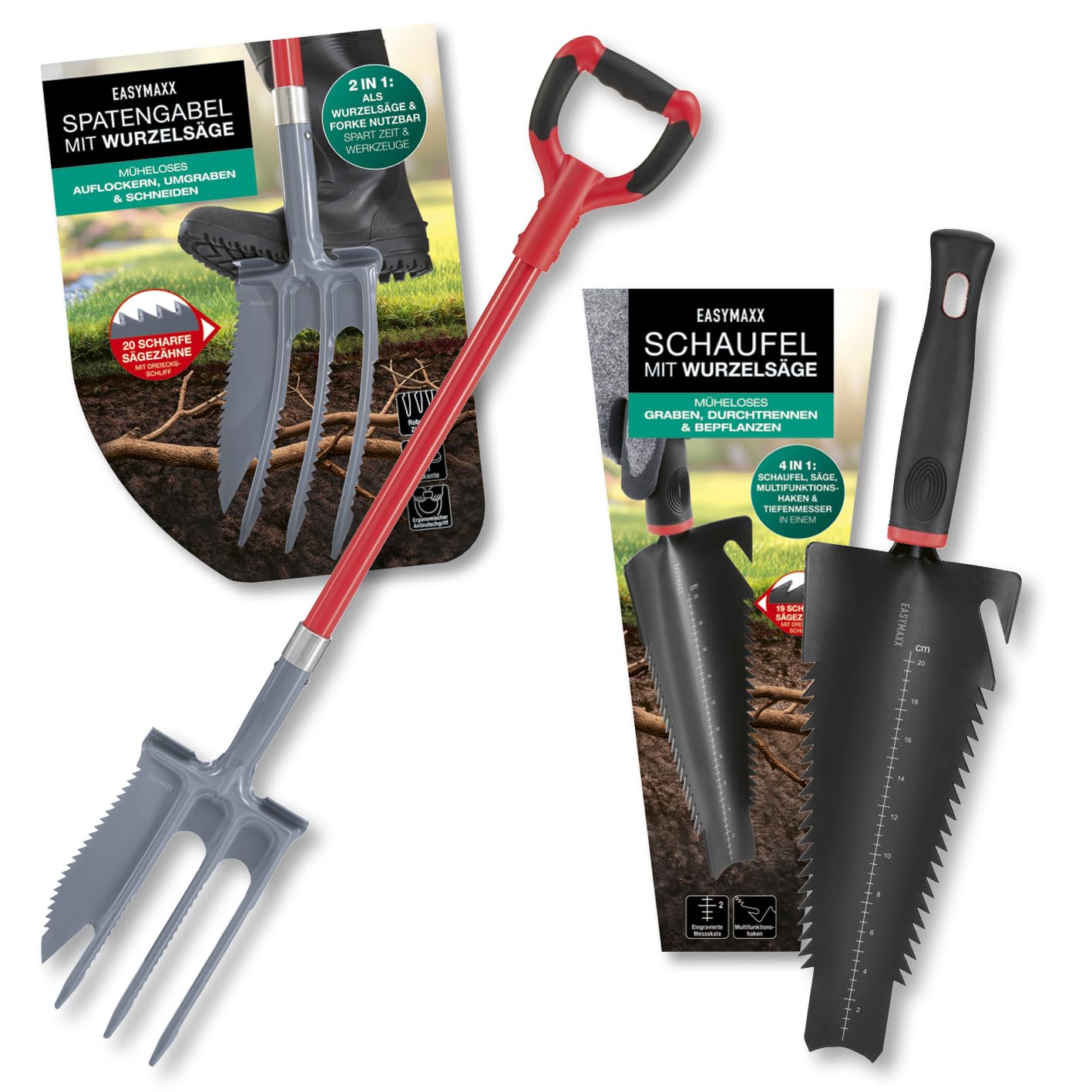 EASYmaxx Łopata do korzeni 4 w 1 i widelec 2 w 1 z piłą do korzeni w zestawie | wielofunkcyjne łopatki do kopania, piłowania, cięcia, spulchniania i przesadzania | Root Digger i łopata korzeni z