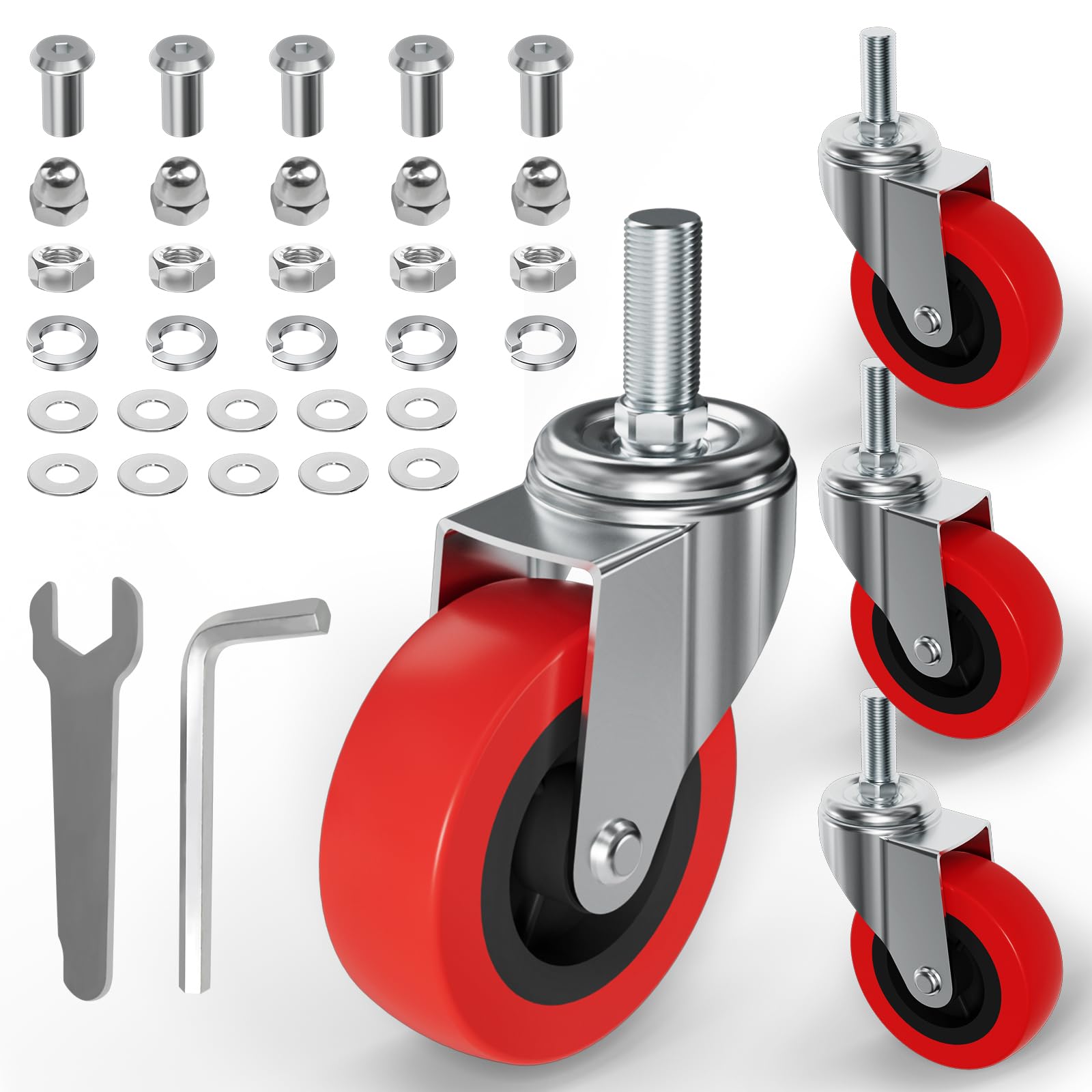 Lot de 4 roulettes pivotantes robustes de 6,3 cm pour chariot de service, tabouret, support de poteau, M10 (environ 0,9 cm) x 2,5 cm