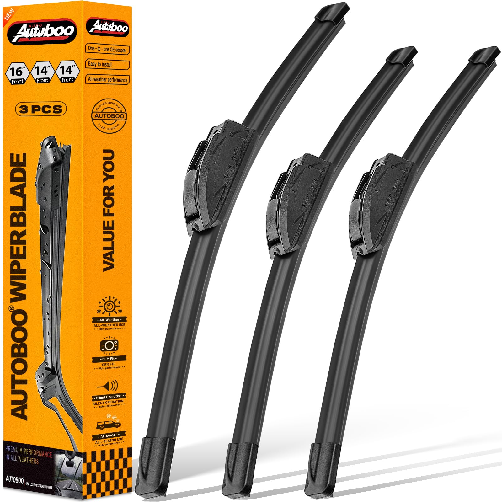 AUTOBOO 16"+14"+14" Windshield Wiper Blade for Toyota FJ Cruiser 2014-2007 -Original Equipment Replacement (Pack of 3)