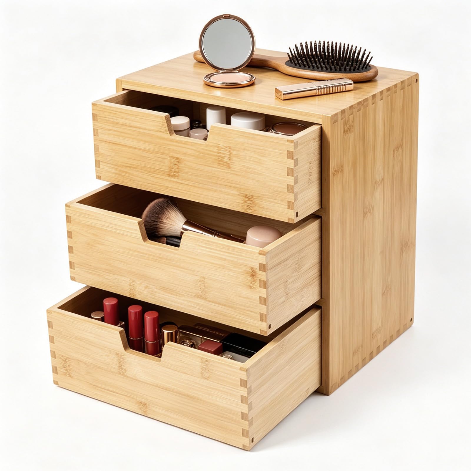 EFUTURETIME Organizer da Scrivania con 3 Cassetti in Legno, 28,5 x 20 x 28,5 cm, Piccola Cassettiera Scrivania, Scatola Portaoggetti in Bambù per Bustine di Tè, Capsule di Caffè, Penne, Cosmetici