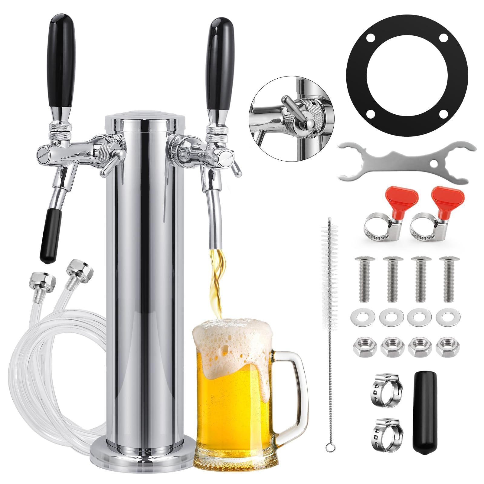 Torre Kegerator de doble grifo ajustable, torre de cerveza premontada, torre dispensadora de cerveza de acero inoxidable, llave de cerveza de cierre automático para piezas de Kegerator de cerveza