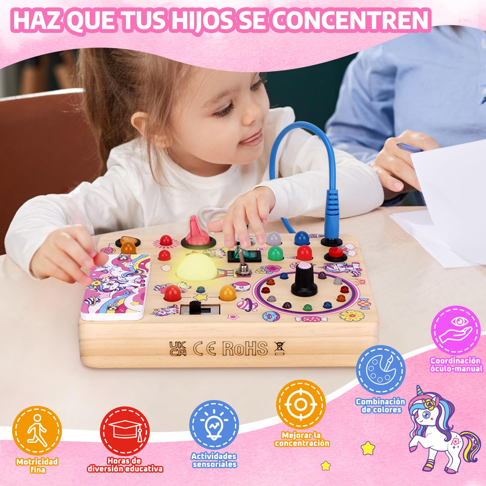 Juguetes Niños 1 año Montessori Unicorn Busy Board con 10 interruptores y 23 luces LED Juguete de Aprendizaje sensorial Juegos Niño 1 2 3 años Tablero de Actividades de Madera Regalo Niño Niña