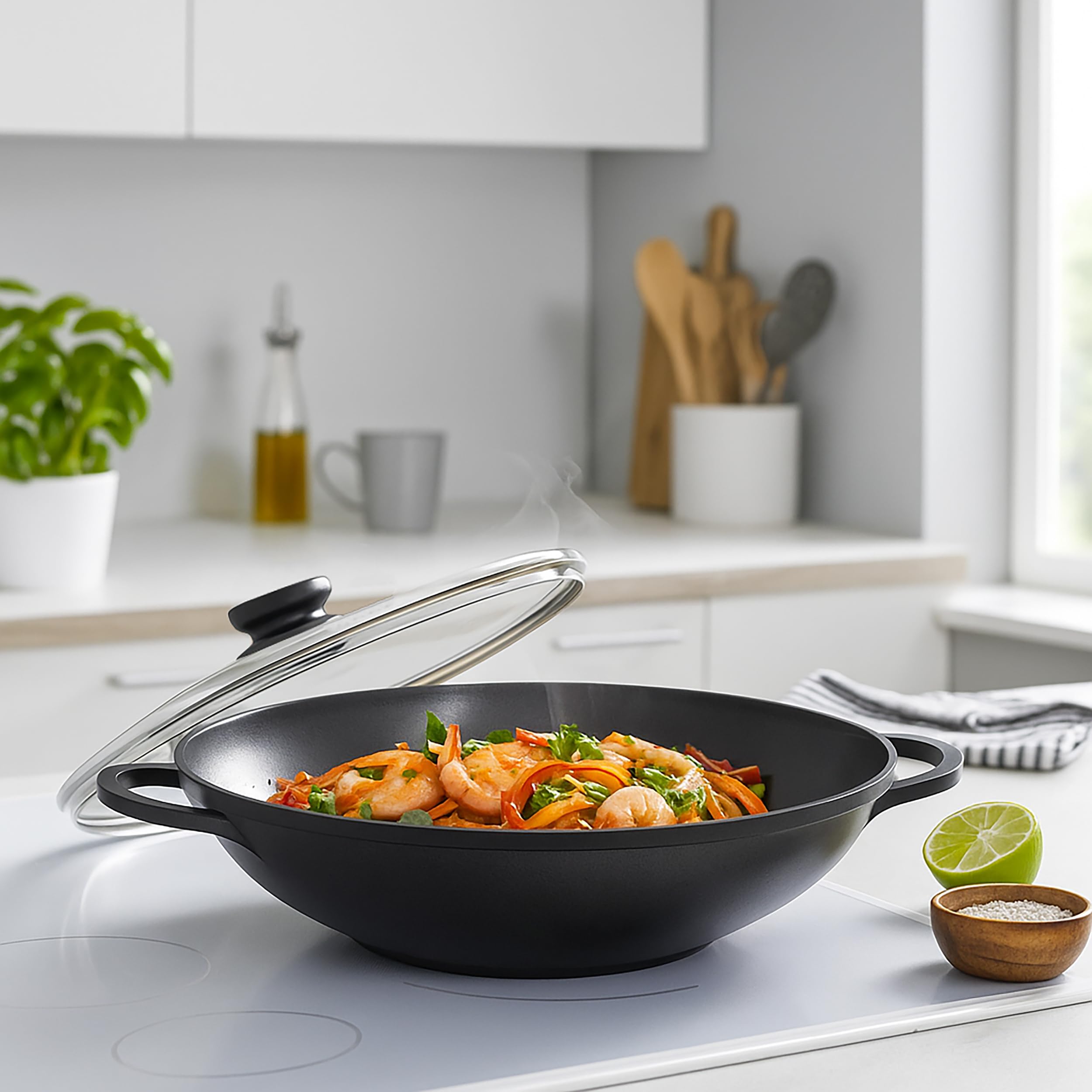 Kopf 124184 Wok Mai-Lu, fonte d’aluminium, Ø 36 cm, avec couvercle en verre et accessoires