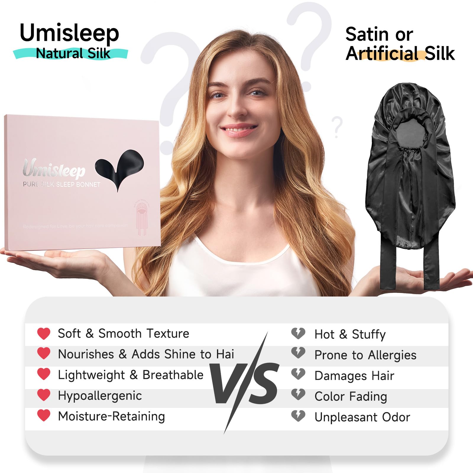 Umisleep 22 Momme 100% seta di gelso, double face, morbido berretto da notte per capelli voluminosi, traspirante, fascia larga regolabile, colore nero