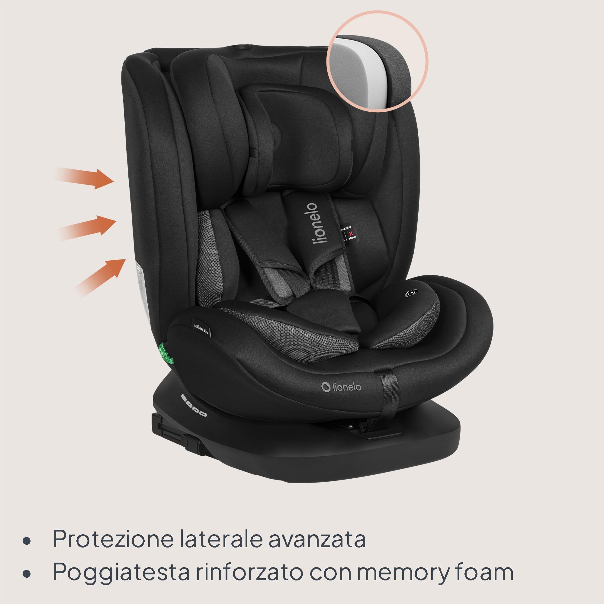 Lionelo Bastiaan i-Size Seggiolino Auto Evolutivo 4-in-1 per bambini 0-12 Anni (40-150 cm) ISOFIX e l'ultima Norma R129 Opzione Rivolto All'indietro, 21 Regolazioni, Girevole 360° Protezione Laterale