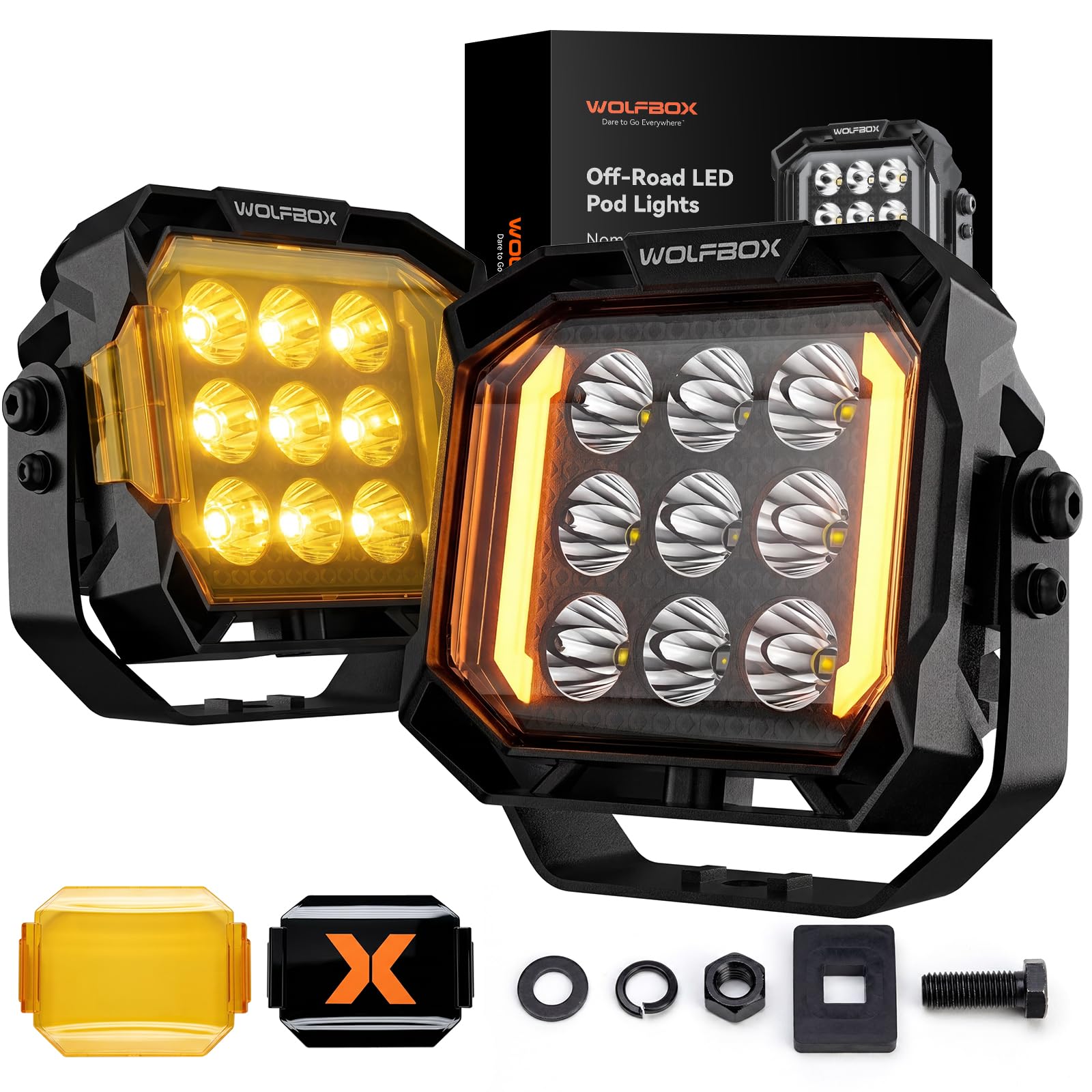 WOLFBOX 5 Inch LED Pods with True Power Lumens - Professional Off Road Lights with Amber DRL Spot Flood Beam, IP69K Waterproof Driving Lights for Jeep Ford UTV ATV, 5-Year Warranty