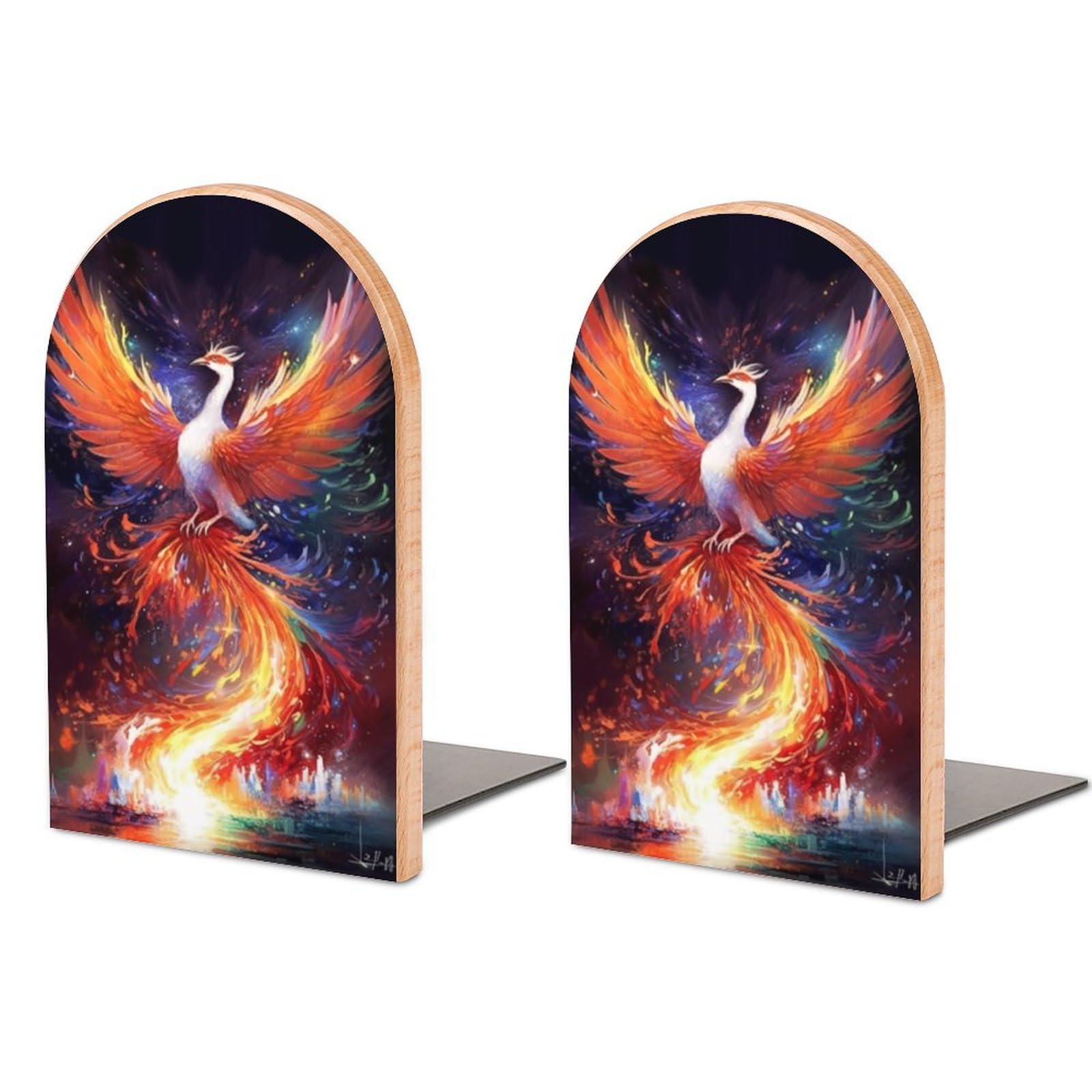 2 PCS Wood Book Ends,Colorful Phoenix Bird Bookends for Shelves Non Skid Book Ends for Office Home Kitchen, Bookends for Holiding Books 5x3 Inch