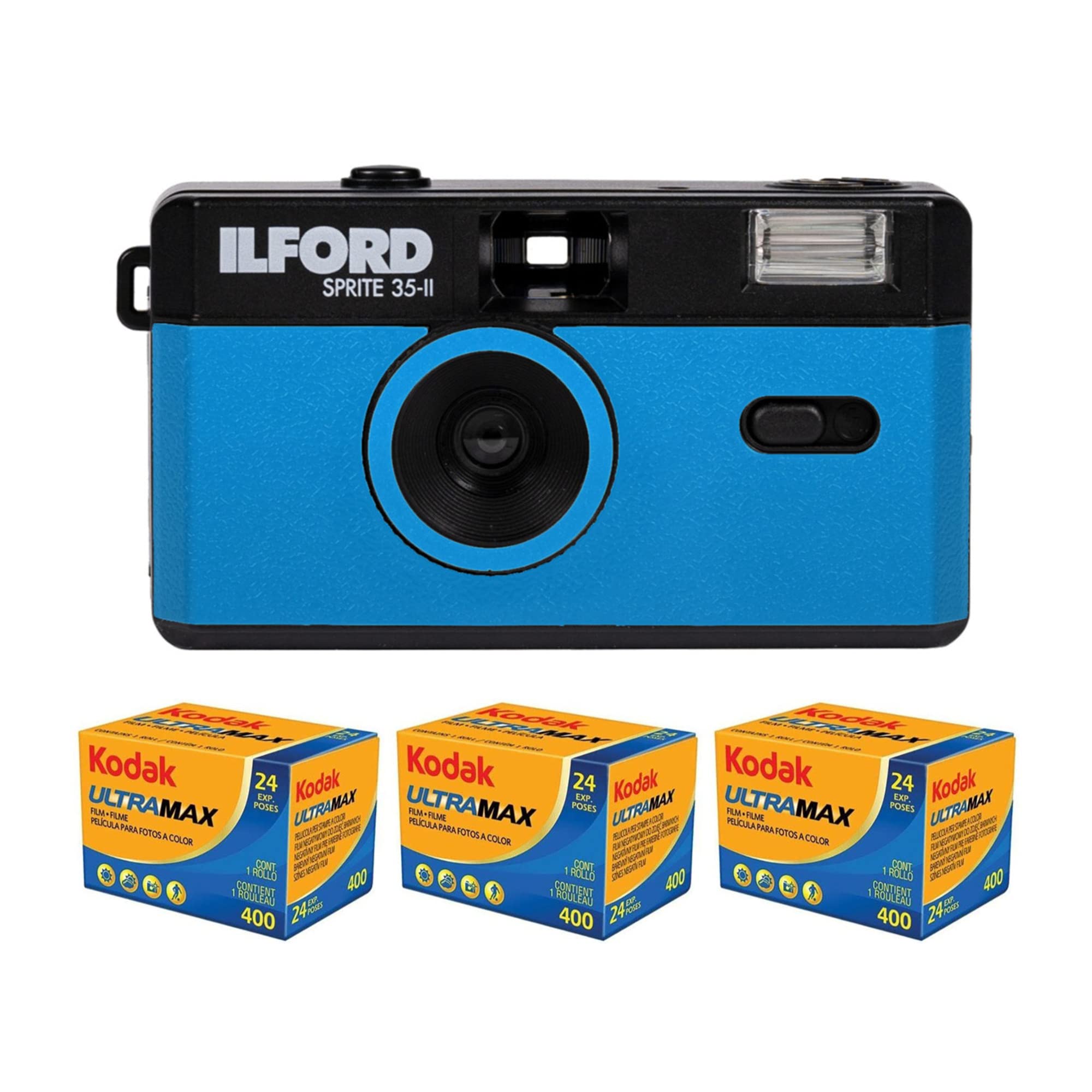 Ilford Sprite 35-II 35mm Film Camera Blue & Black with 3-Pack Kodak 400 Film Bundle (4 Items)