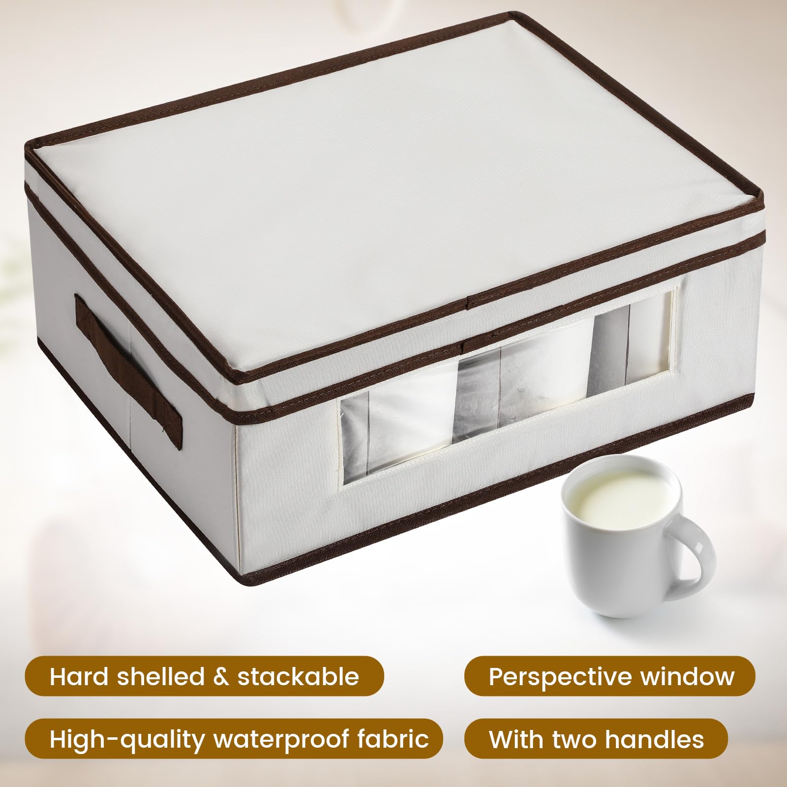 Uiifan 4 cajas de almacenamiento para tazas con divisores, 12 compartimentos, cajas de almacenamiento de vasos de porcelana con tapa, asas, ventana de PVC para mudanza, color beige