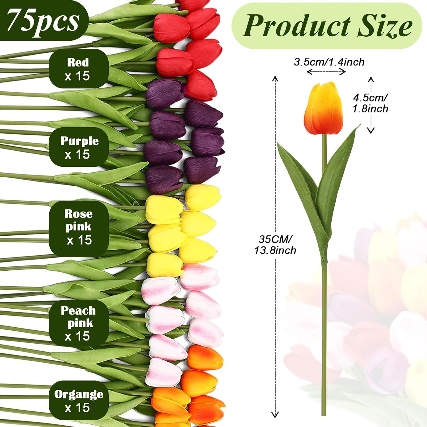 Janinka 75pcs Artificial Tulip Flowers Fake PU Tulips Faux Latex Bouquet Flower Centerpieces Arrangement Floral for Mother Day Wedding Spring Decorations (Pink,Red,Purple,Orange,Yellow)