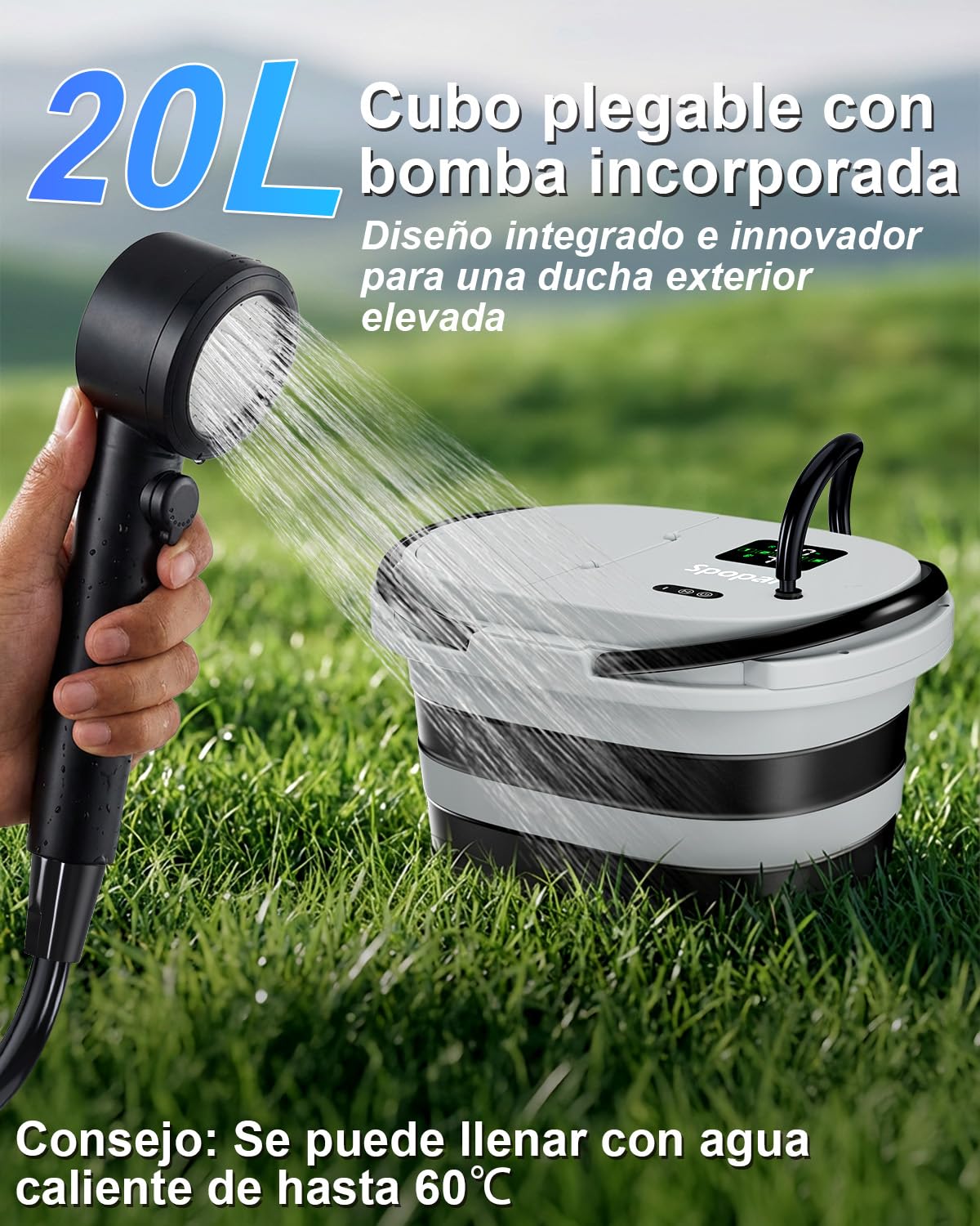 Spopal Ducha Portatil Camping, [13000mAh] [Pantalla Led] Bomba De Ducha Eléctrica y Cubo Plegable De 20L, Ajustable De 5 Velocidades, para Senderismo Al Aire Libre, Limpieza De Jardines Y Mascotas