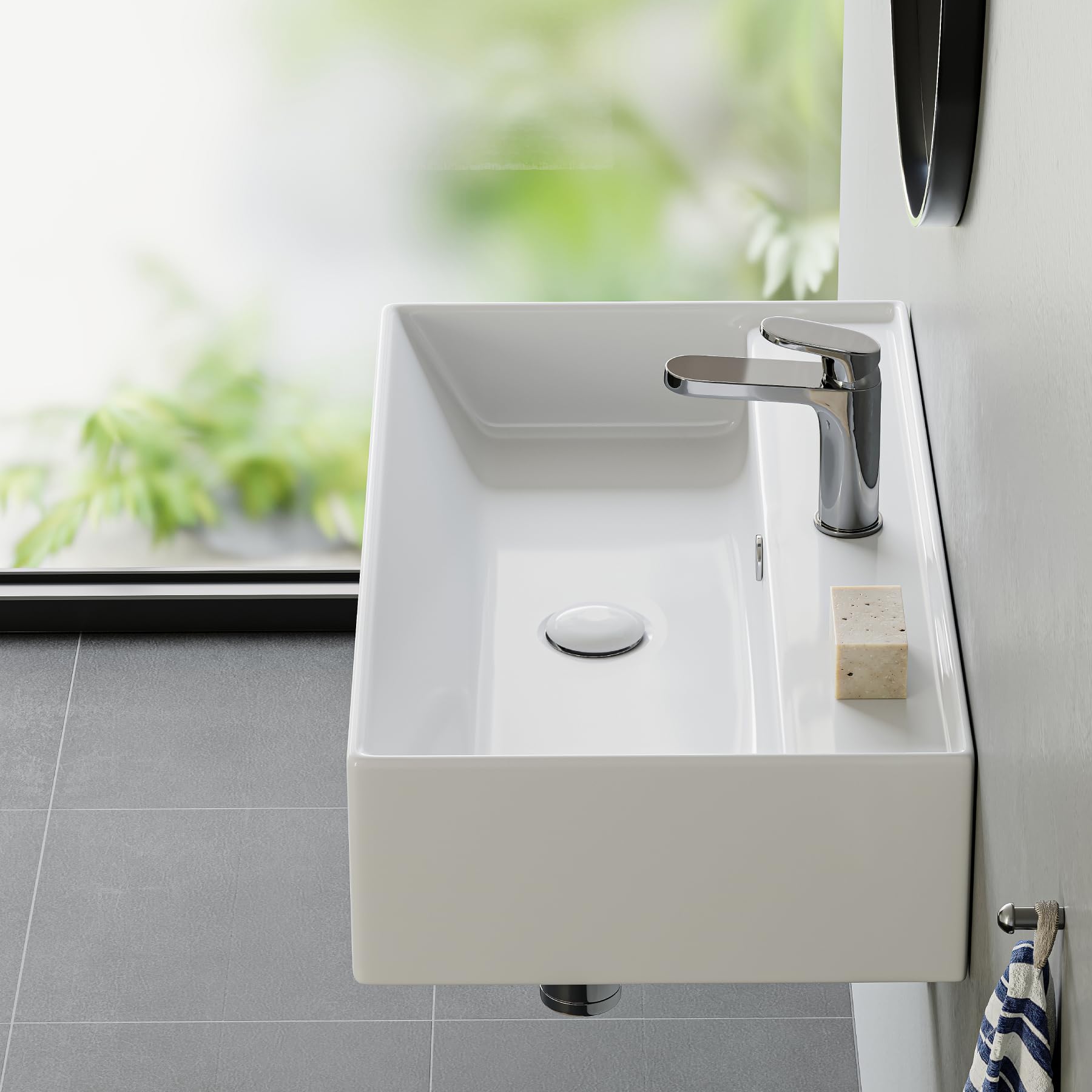 HOROW Lavabo de pared colgante con válvula de desagüe desplegable | Lavabo con diseño de borde fino, con orificio para grifo, para baño pequeño, inodoro, inodoro, lavabo, 55 cm, rectangular